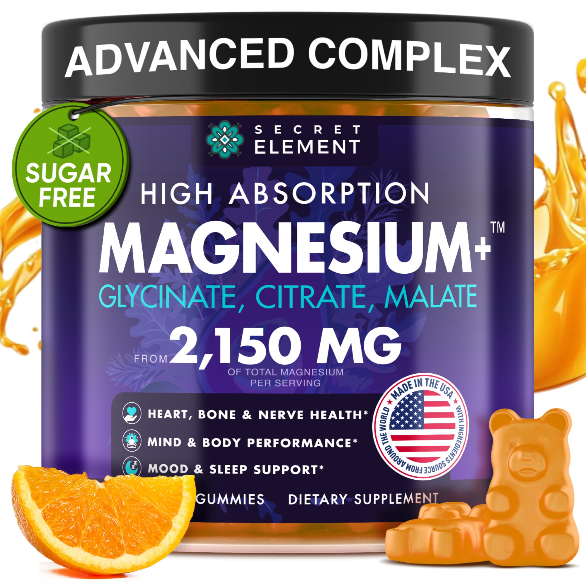 Magnesium Glycinate 2150MG Gummies for Women and Men, High Absorption Magnesium Glycinate, Citrate, Malate Gummies for Adults & Kids, Sleep Support, Sugar Free, Vegan, 60 Chews, Orange - TrustMedUSA