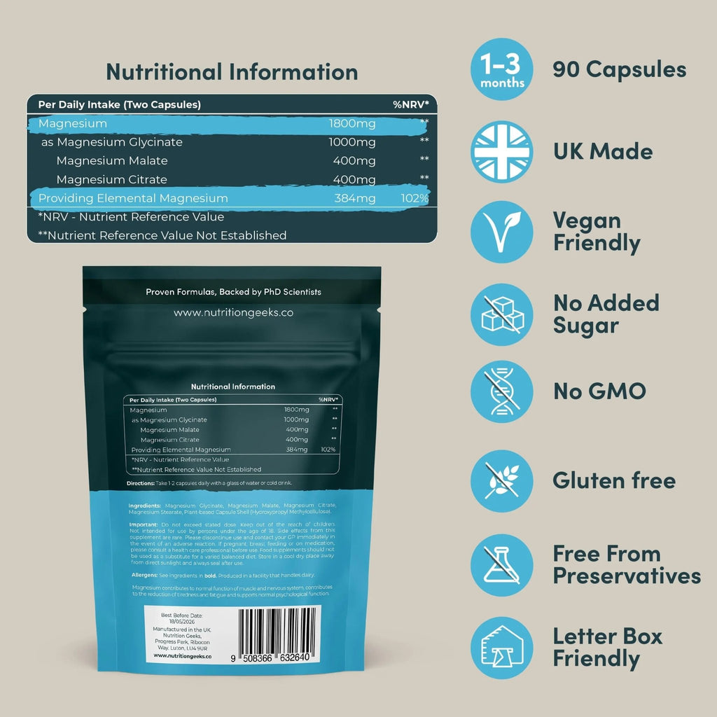 Magnesium Glycinate 3-in-1 Complex - 1800mg Supplements as Bisglycinate, Citrate - TrustMedUSA