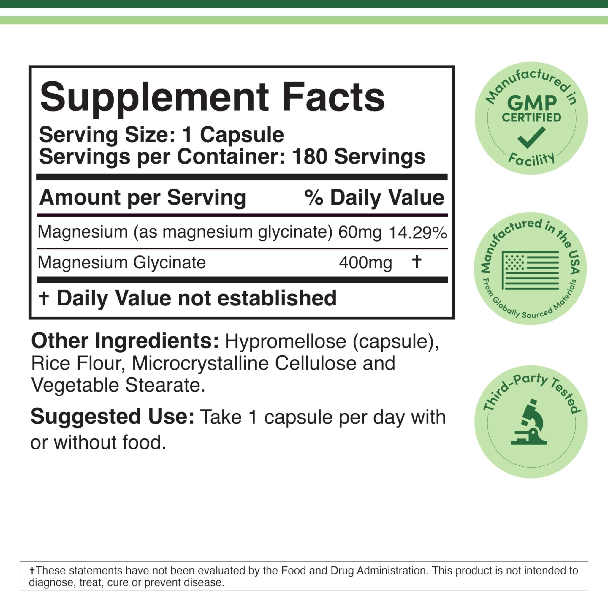 Magnesium Glycinate 400mg | 180 Capsules | Sleep, Muscle, & Heart Support | Vegan, Third Party Tested, Gluten Free, Non-GMO, by Double Wood Supplements - Maple Wellness Supplements