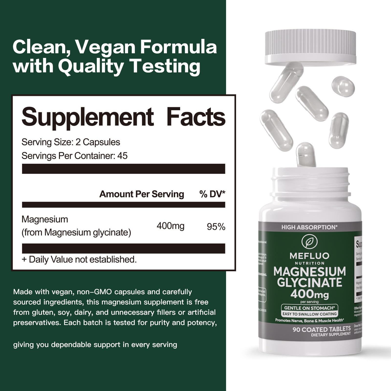 Magnesium Glycinate 400mg – High Absorption Magnesium Supplement for Muscle, Nerve & Sleep Support – Gentle on Stomach, Non-GMO, Vegan Capsules, 90 Count - TrustMedUSA