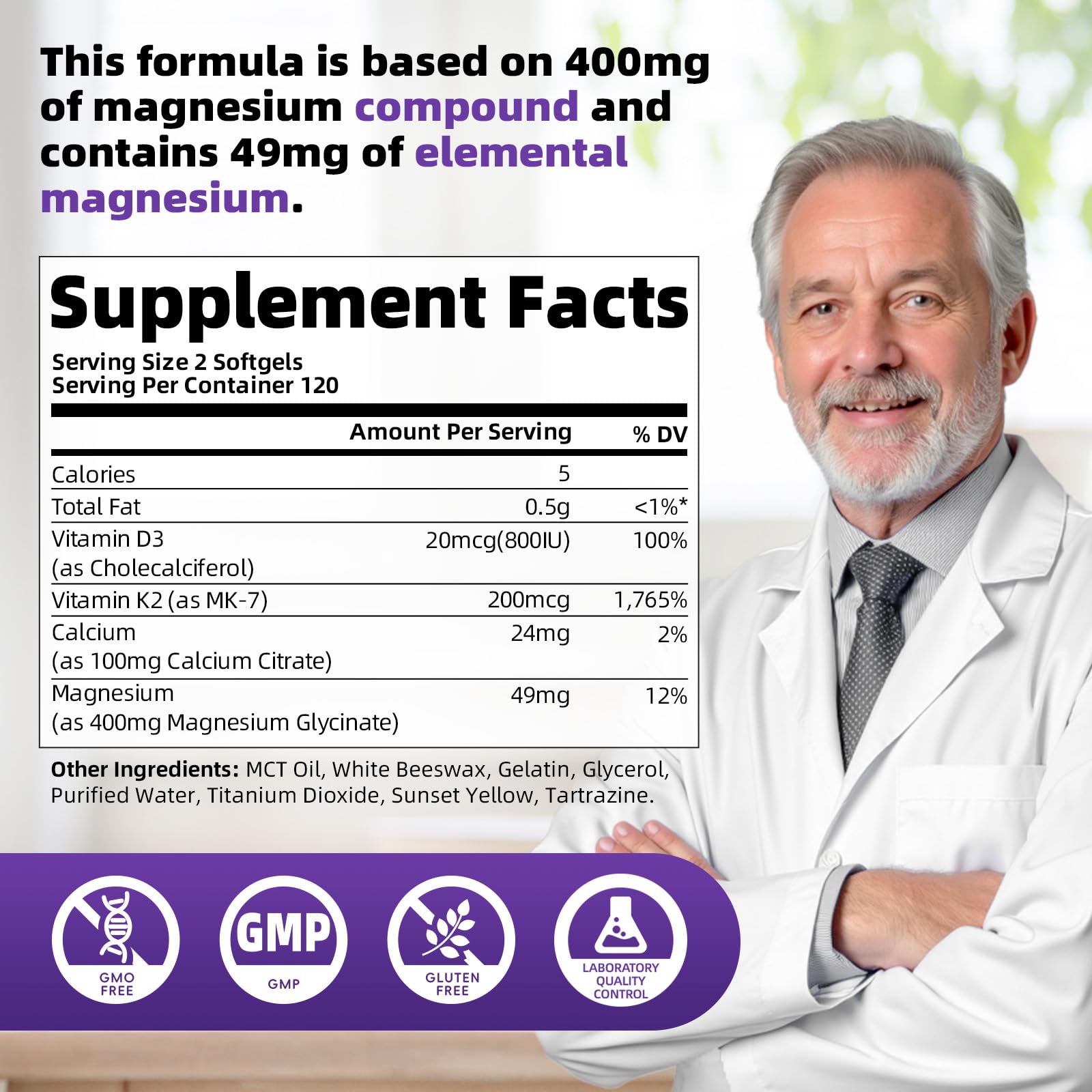 Magnesium Glycinate 400mg Softgels, Small Easy to Swallow High Absorption Magnesium Supplement, with Vitamin D3 & K2 for Sleep Relax Calm Muscle Bone* Health, 120 Gelcaps - TrustMedUSA