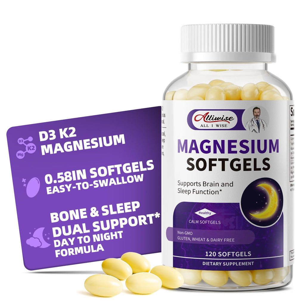 Magnesium Glycinate 400mg Softgels, Small Easy to Swallow High Absorption Magnesium Supplement, with Vitamin D3 & K2 for Sleep Relax Calm Muscle Bone* Health, 120 Gelcaps - TrustMedUSA