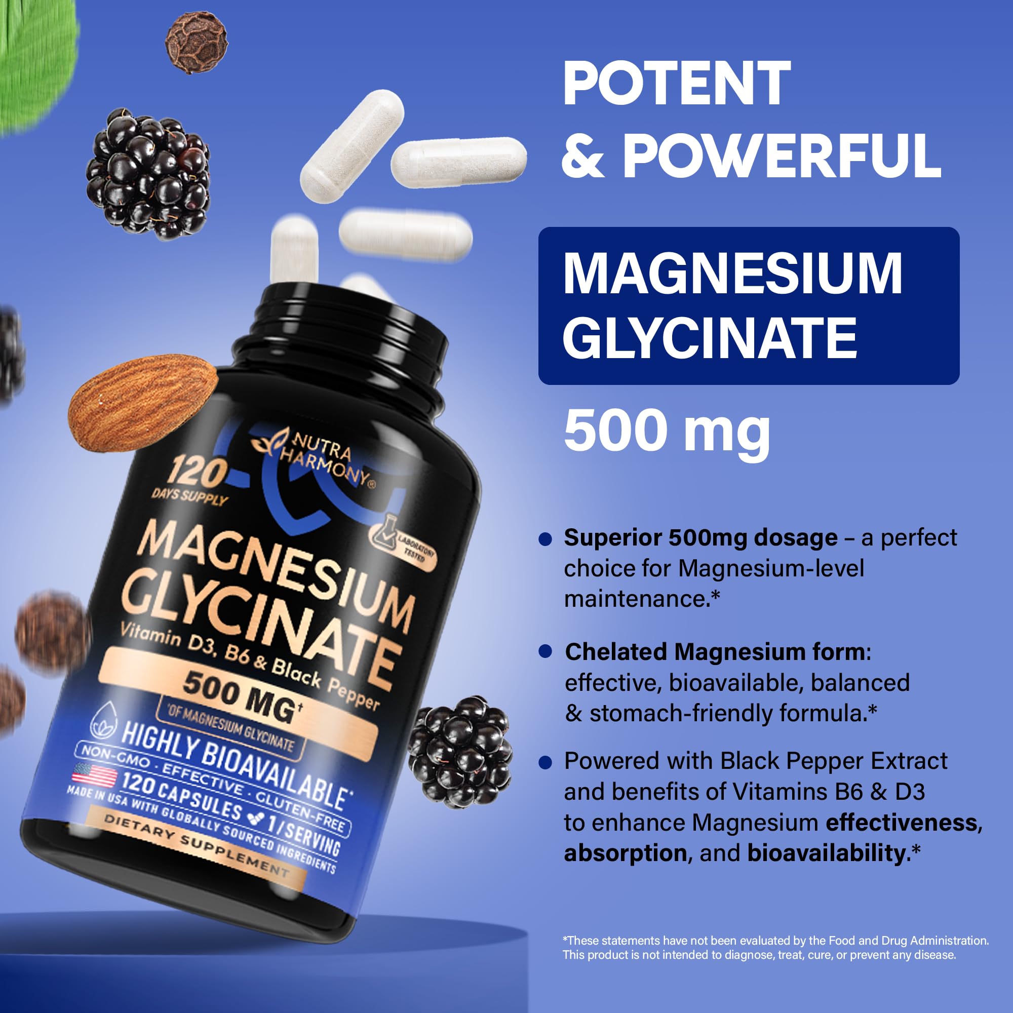 Magnesium Glycinate 500 mg - Chelated Supplement - High Absorption Form of Magnesium - Support for Sleep, Muscle & Heart Health - TrustMedUSA