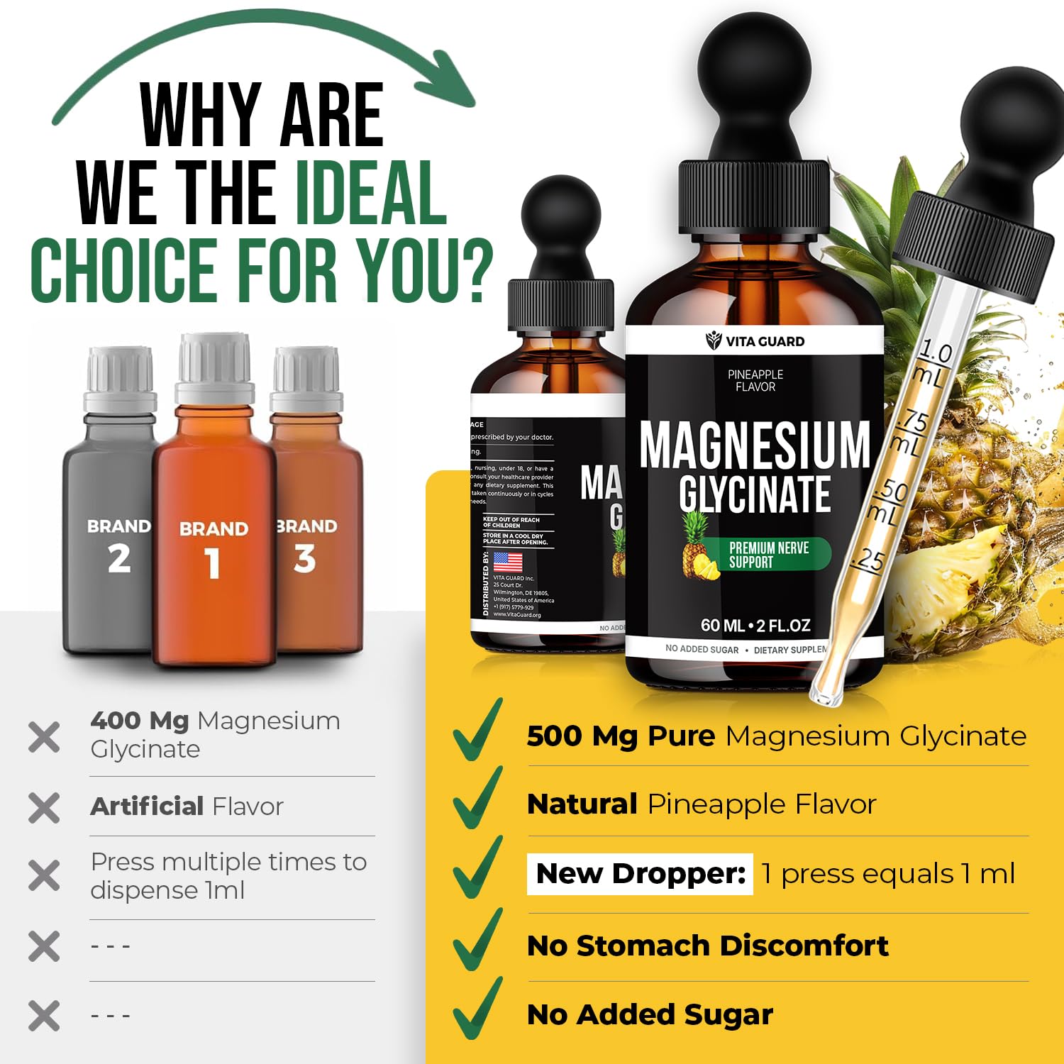 Magnesium Glycinate 500mg Liquid Drops – Sugar-Free Magnesium Supplement, Vegan Formula, 60 mL Flavor Pineapple - TrustMedUSA