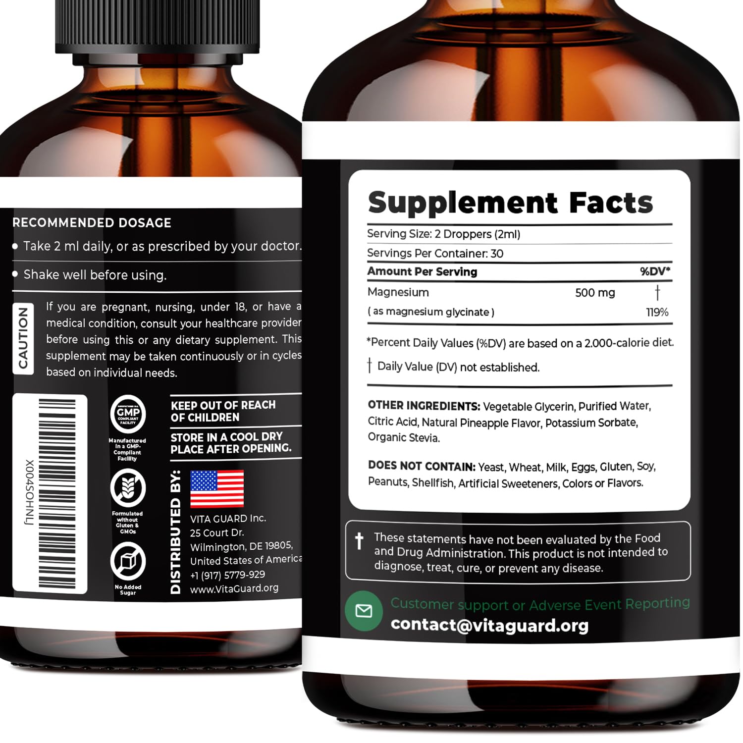 Magnesium Glycinate 500mg Liquid Drops – Sugar-Free Magnesium Supplement, Vegan Formula, 60 mL Flavor Pineapple - TrustMedUSA