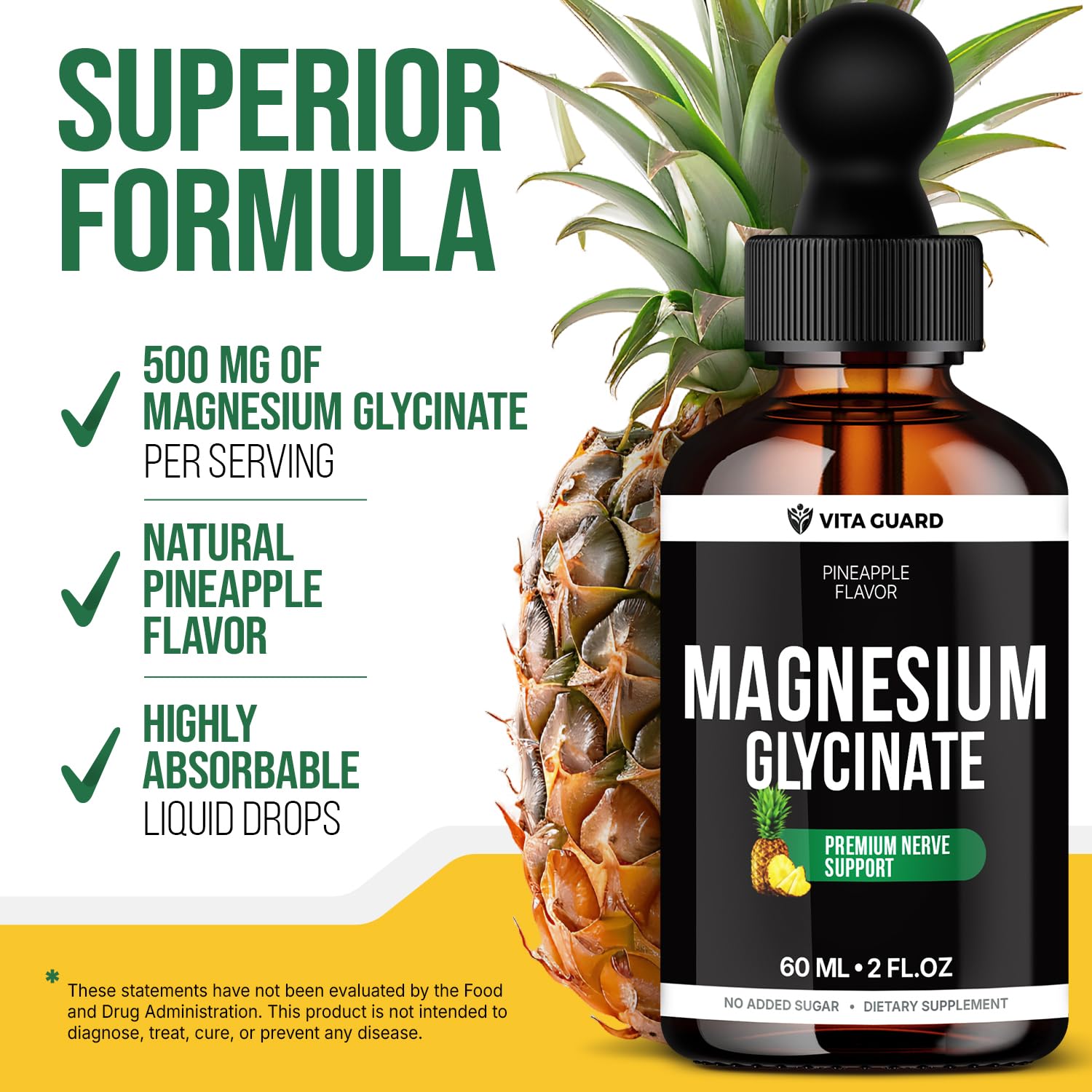 Magnesium Glycinate 500mg Liquid Drops – Sugar-Free Magnesium Supplement, Vegan Formula, 60 mL Flavor Pineapple - TrustMedUSA
