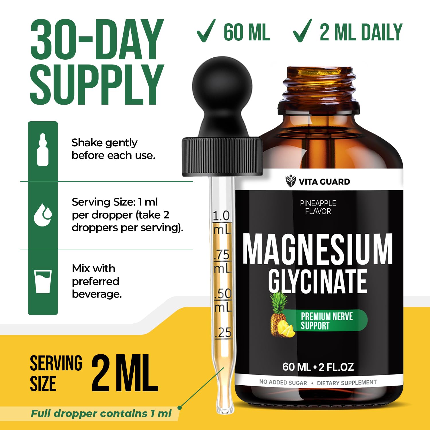 Magnesium Glycinate 500mg Liquid Drops – Sugar-Free Magnesium Supplement, Vegan Formula, 60 mL Flavor Pineapple - TrustMedUSA
