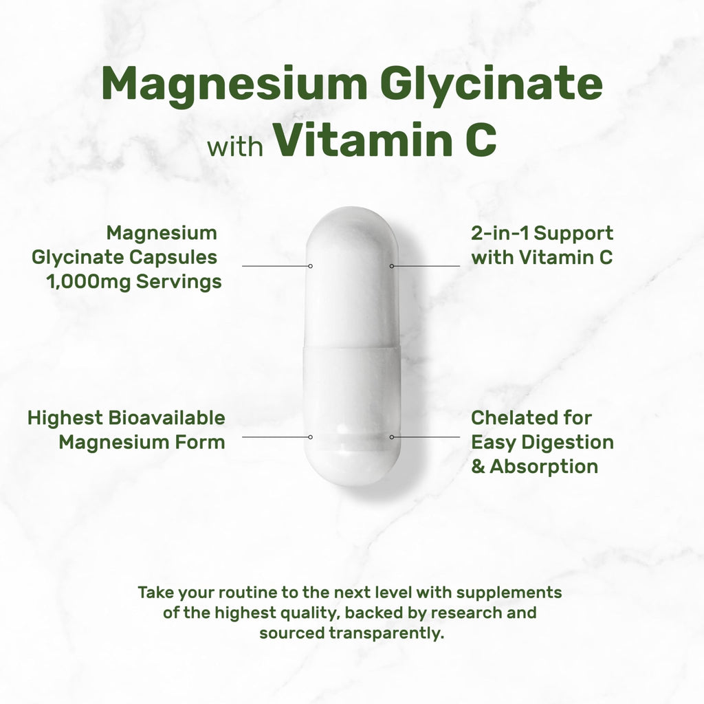 Magnesium Glycinate 500mg Per Capsule (1000mg Per Serving) Plus Vitamin C, 240 Capsules – 100% Chelated for Easy Absorption - TrustMedUSA