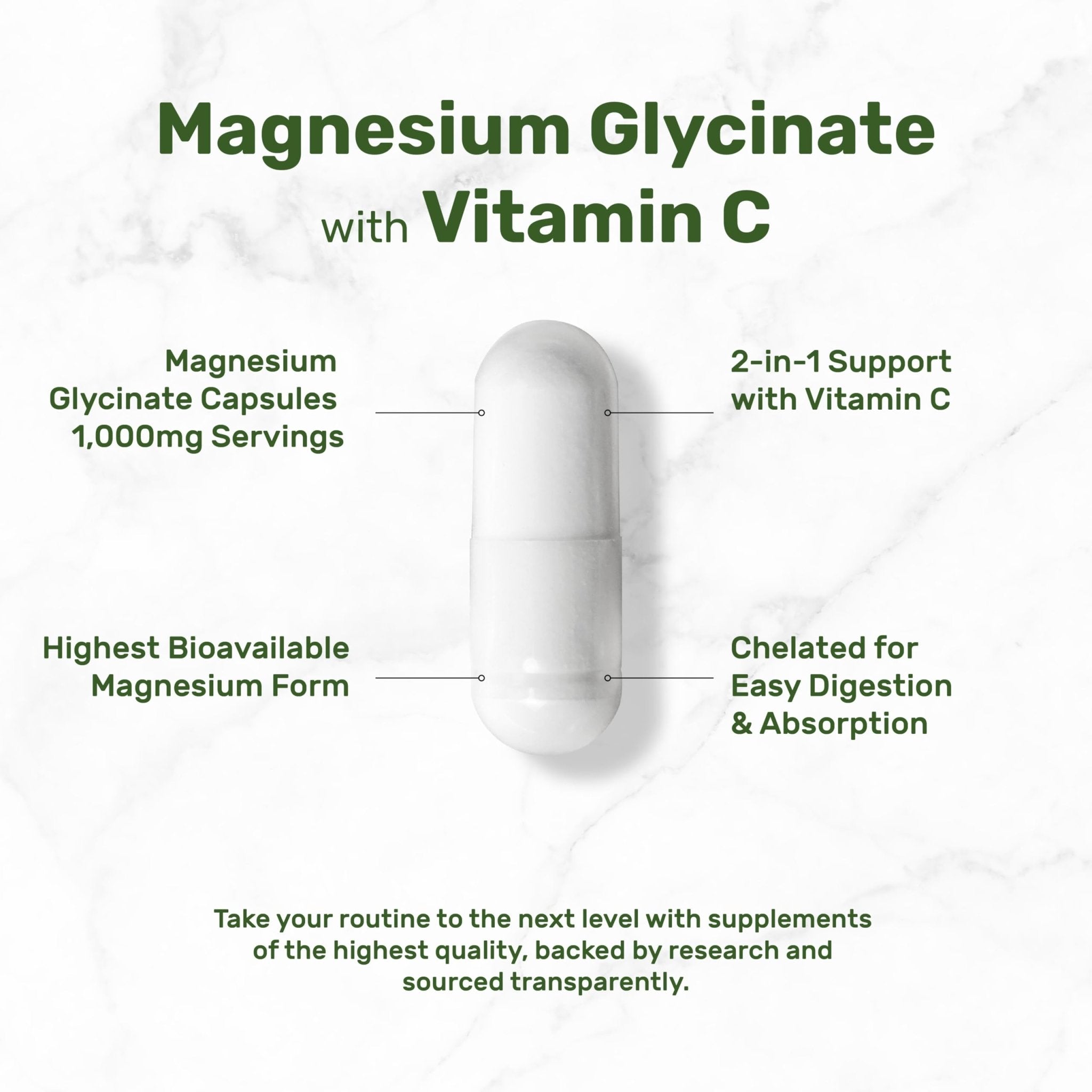 Magnesium Glycinate 500mg Per Capsule (1000mg Per Serving) Plus Vitamin C, 240 Capsules – 100% Chelated for Easy Absorption - TrustMedUSA