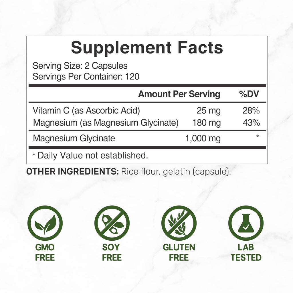 Magnesium Glycinate 500mg Per Capsule (1000mg Per Serving) Plus Vitamin C, 240 Capsules – 100% Chelated for Easy Absorption - TrustMedUSA