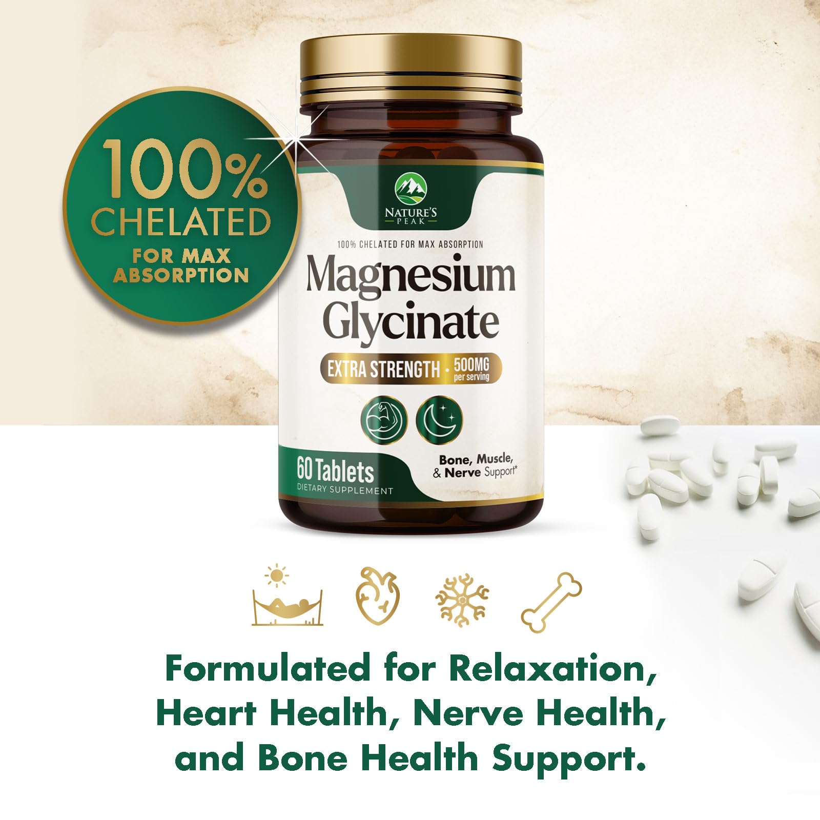 Magnesium Glycinate 500mg Per Serving - High Absorption Chelated Magnesium Supplement for Muscle, Bone and Heart Health Support - Easy Digestion & Gentle on Your Stomach - USA Bottled - 60 Tablets - TrustMedUSA