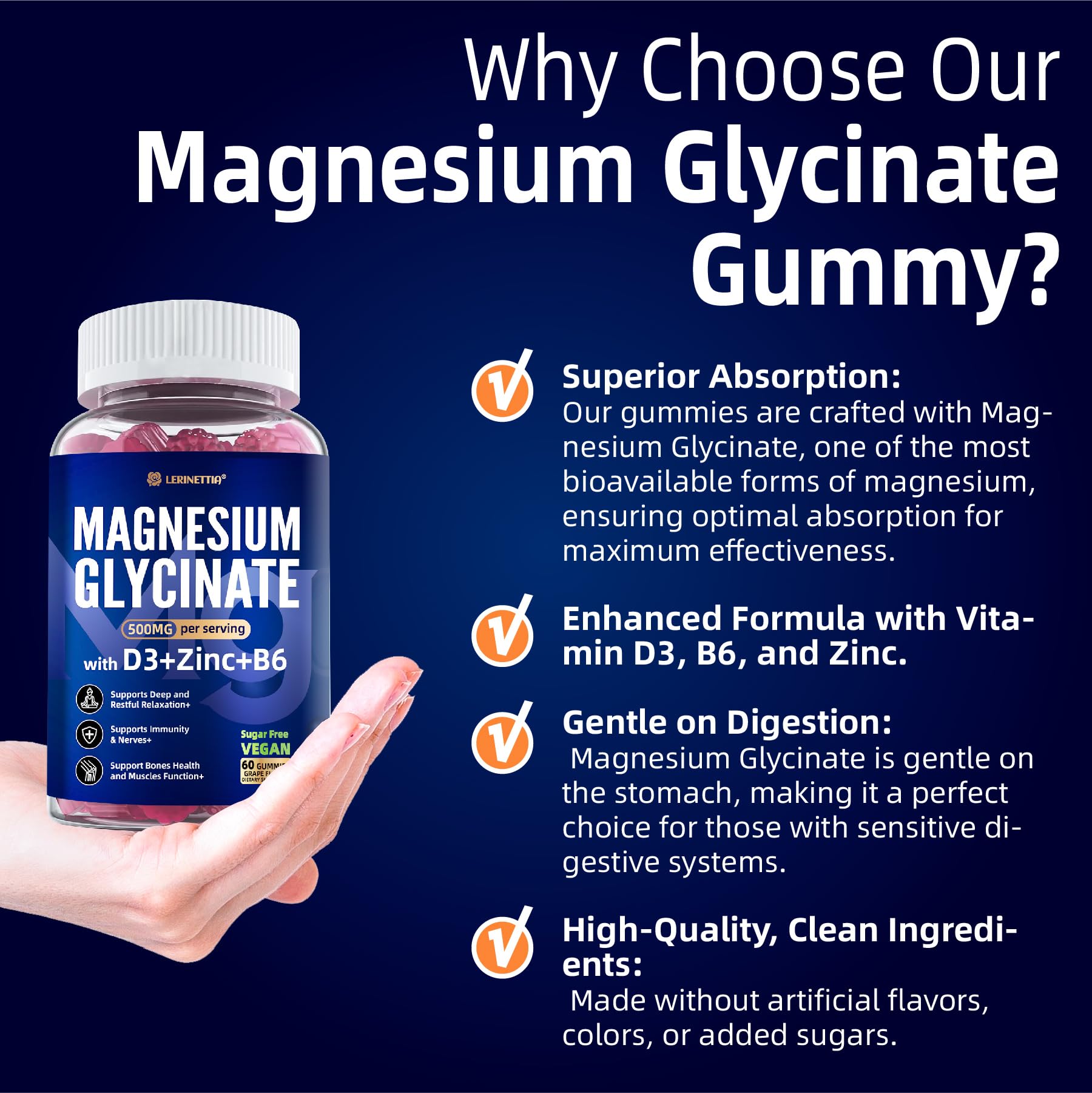 Magnesium Glycinate 500mg/250mg for Adults Teens - Plus D3,B6 & Zinc - Magnesium Glycinate Gummies,High Absorption - Support for Relaxation,Brain,Bone & Immunity Health - Sugar Free - 120Cts - TrustMedUSA