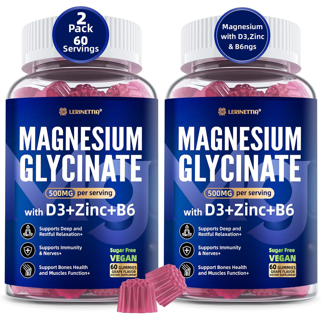 Magnesium Glycinate 500mg/250mg for Adults Teens - Plus D3,B6 & Zinc - Magnesium Glycinate Gummies,High Absorption - Support for Relaxation,Brain,Bone & Immunity Health - Sugar Free - 120Cts - TrustMedUSA