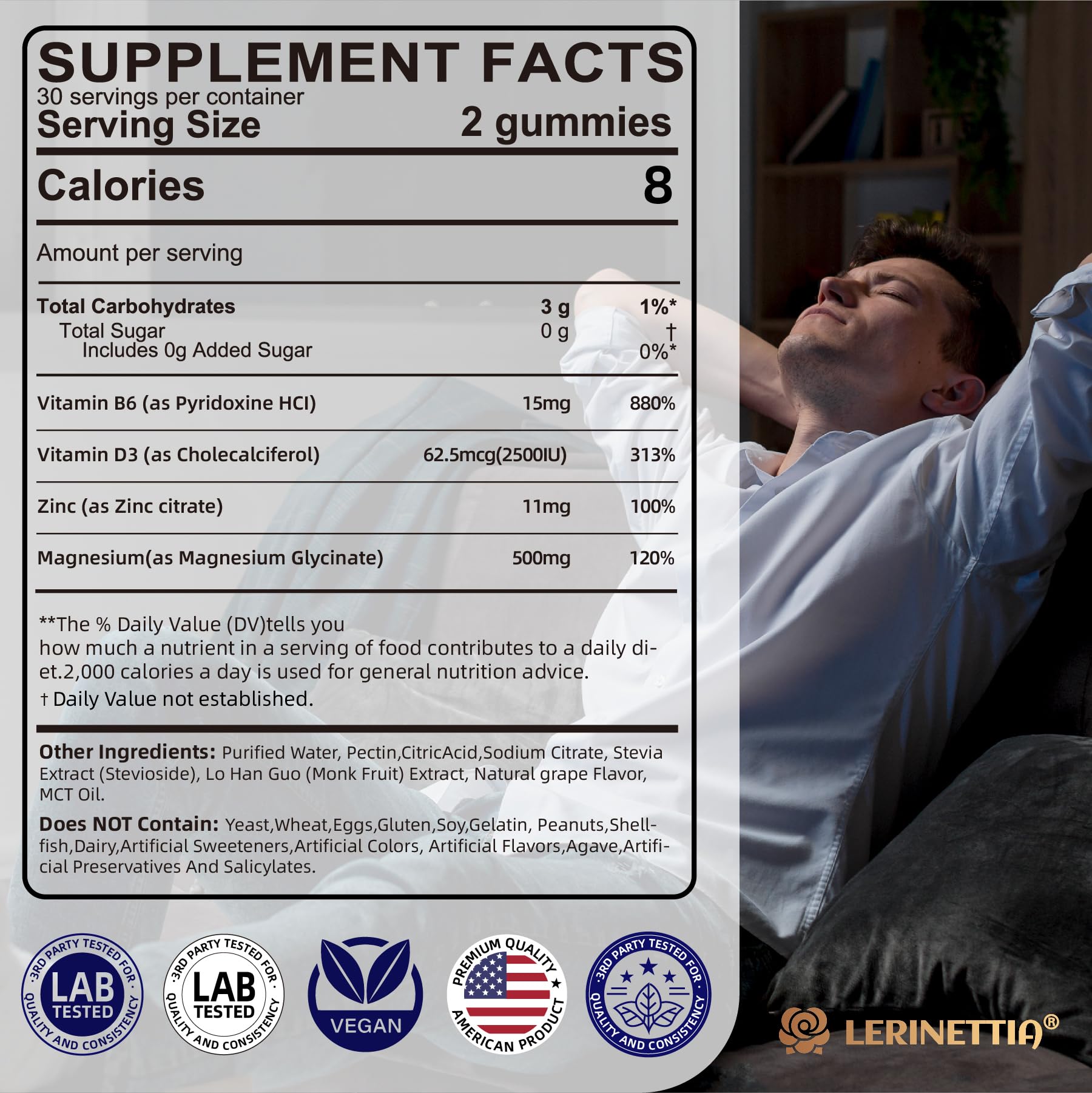 Magnesium Glycinate 500mg/250mg for Adults Teens - Plus D3,B6 & Zinc - Magnesium Glycinate Gummies,High Absorption - Support for Relaxation,Brain,Bone & Immunity Health - Sugar Free - 120Cts - TrustMedUSA