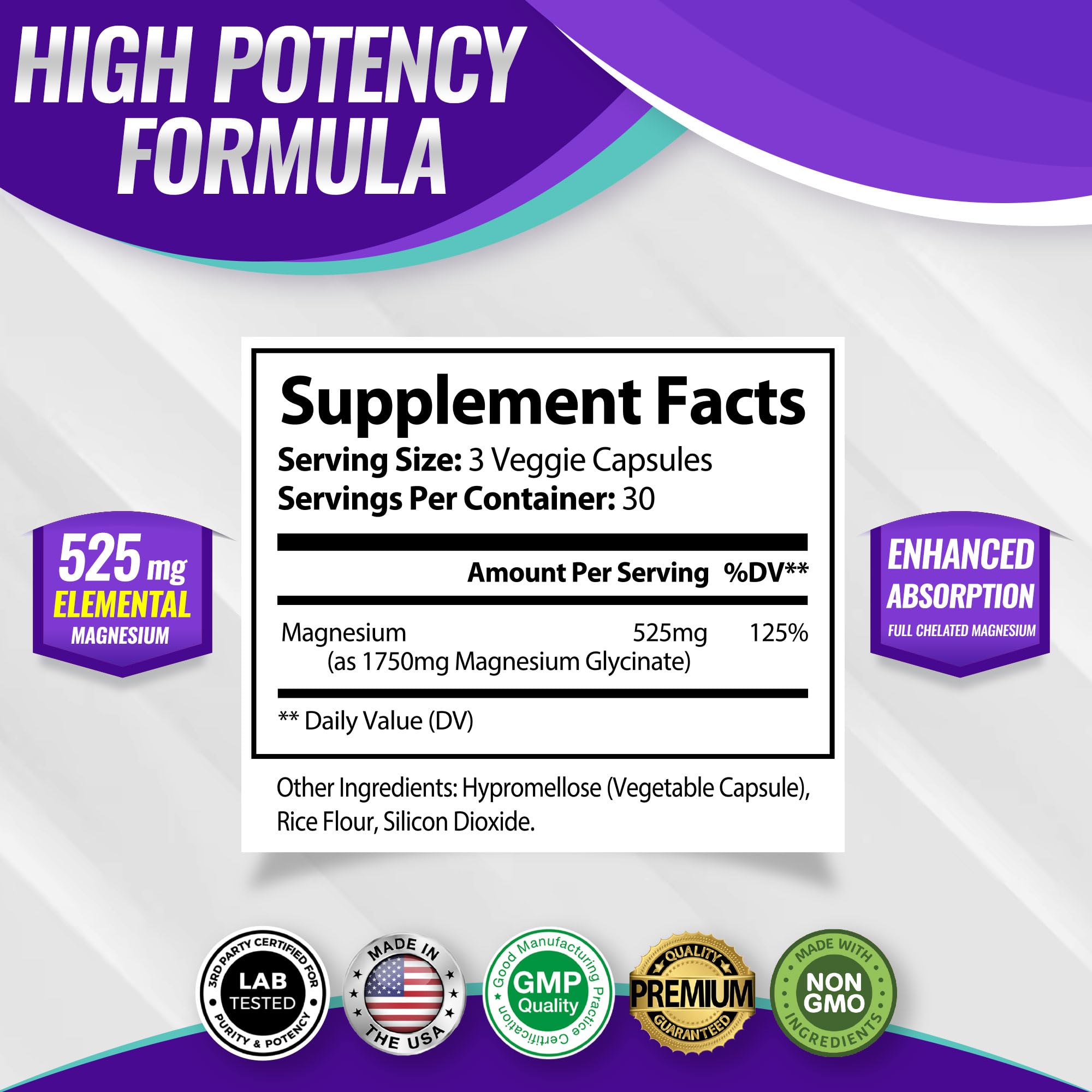 Magnesium Glycinate 525mg - High Absorption Chelated Magnesium Supplement Made with Pure Magnesium Glycinate - Supports Muscles, Sleep, Cramps, Recovery Bisglycinate - TrustMedUSA