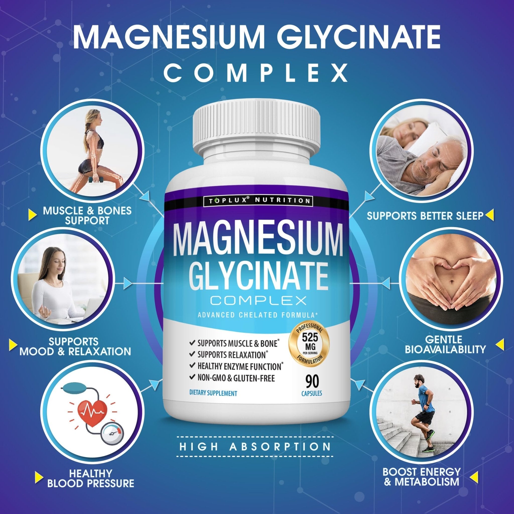 Magnesium Glycinate 525mg - High Absorption Chelated Magnesium Supplement Made with Pure Magnesium Glycinate - Supports Muscles, Sleep, Cramps, Recovery Bisglycinate - TrustMedUSA