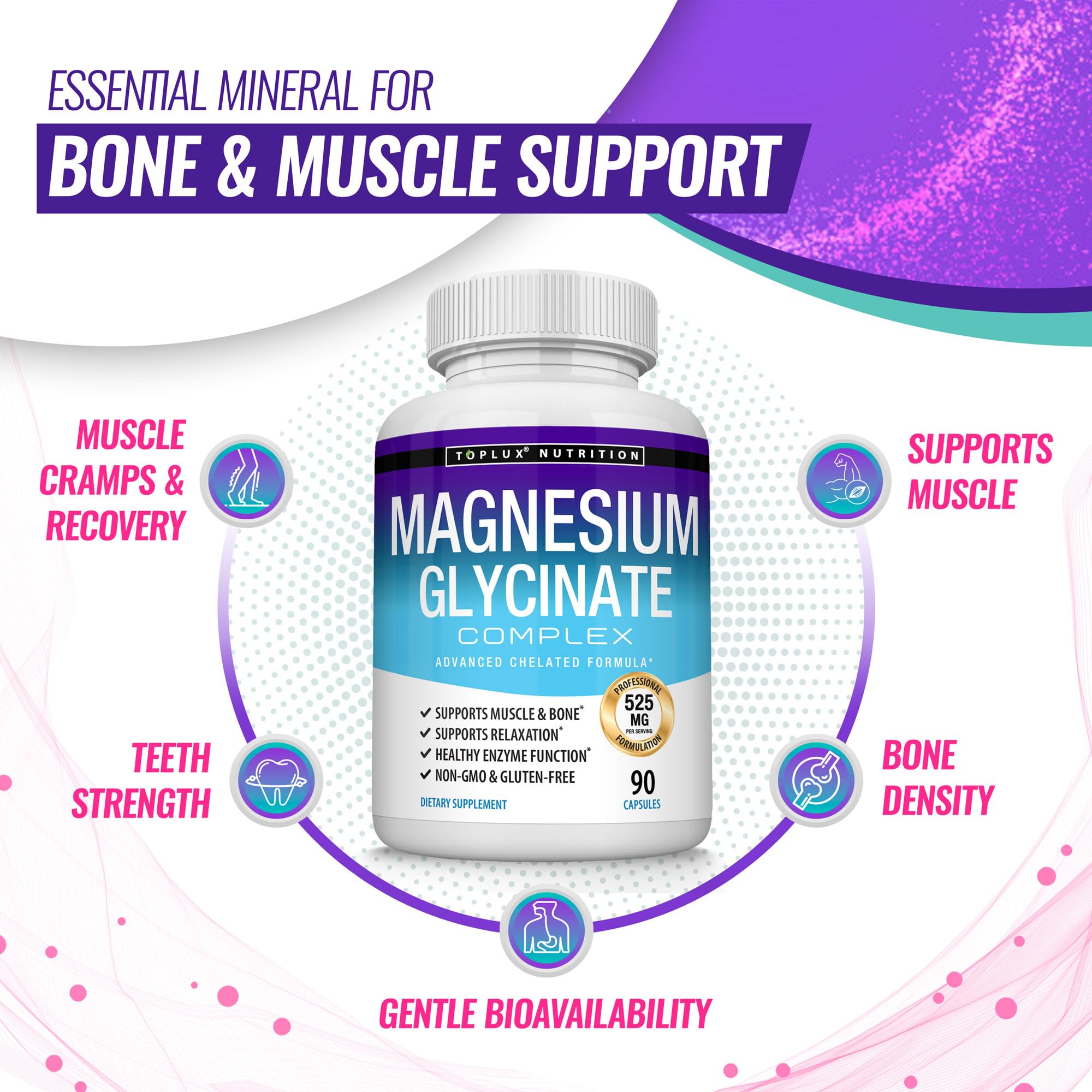 Magnesium Glycinate 525mg - High Absorption Chelated Magnesium Supplement Made with Pure Magnesium Glycinate - Supports Muscles, Sleep, Cramps, Recovery Bisglycinate - TrustMedUSA