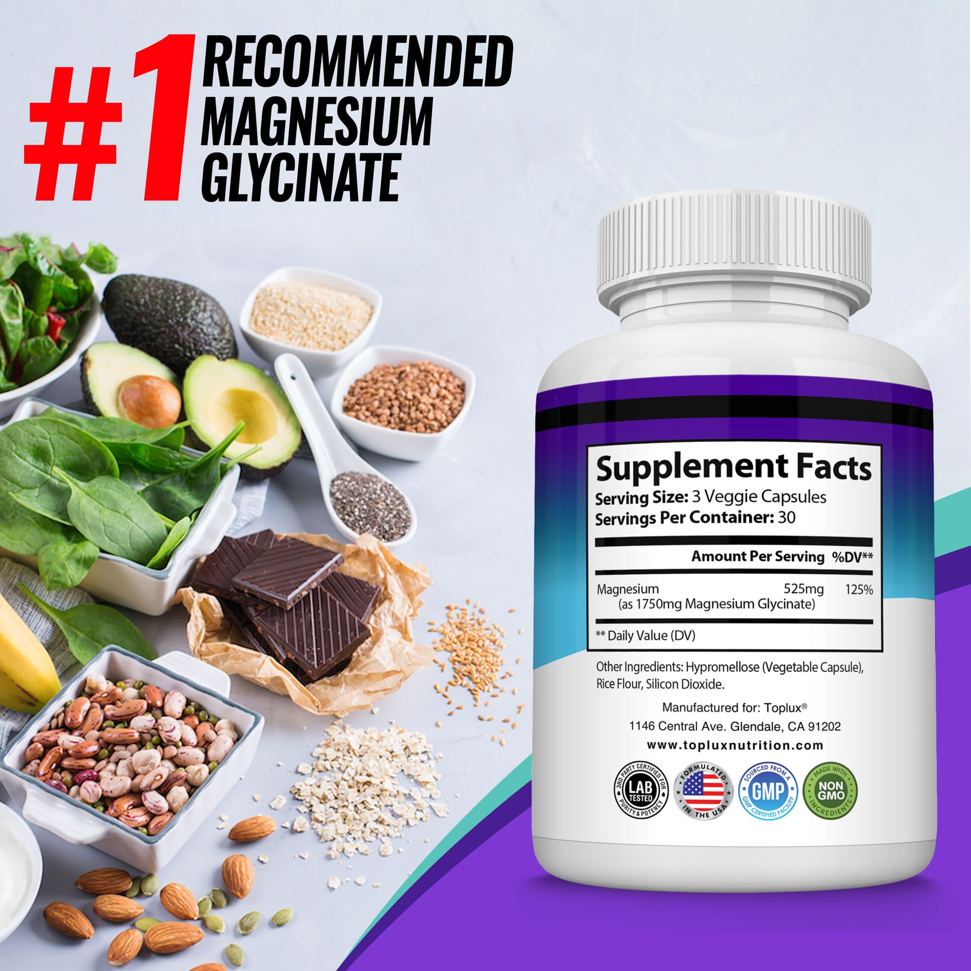 Magnesium Glycinate 525mg - High Absorption Chelated Magnesium Supplement Made with Pure Magnesium Glycinate - Supports Muscles, Sleep, Cramps, Recovery Bisglycinate - TrustMedUSA