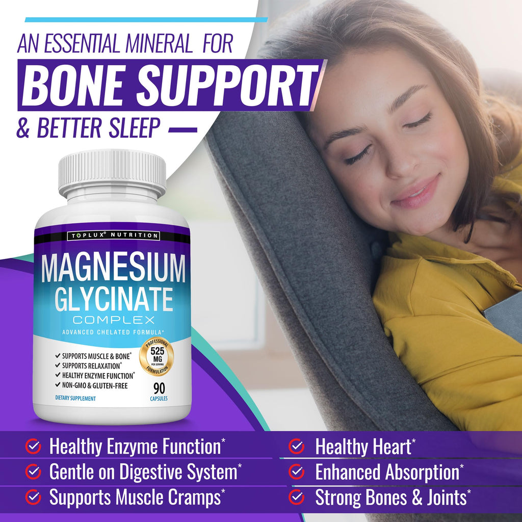 Magnesium Glycinate 525mg - High Absorption Chelated Magnesium Supplement Made with Pure Magnesium Glycinate - Supports Muscles, Sleep, Cramps, Recovery Bisglycinate - TrustMedUSA