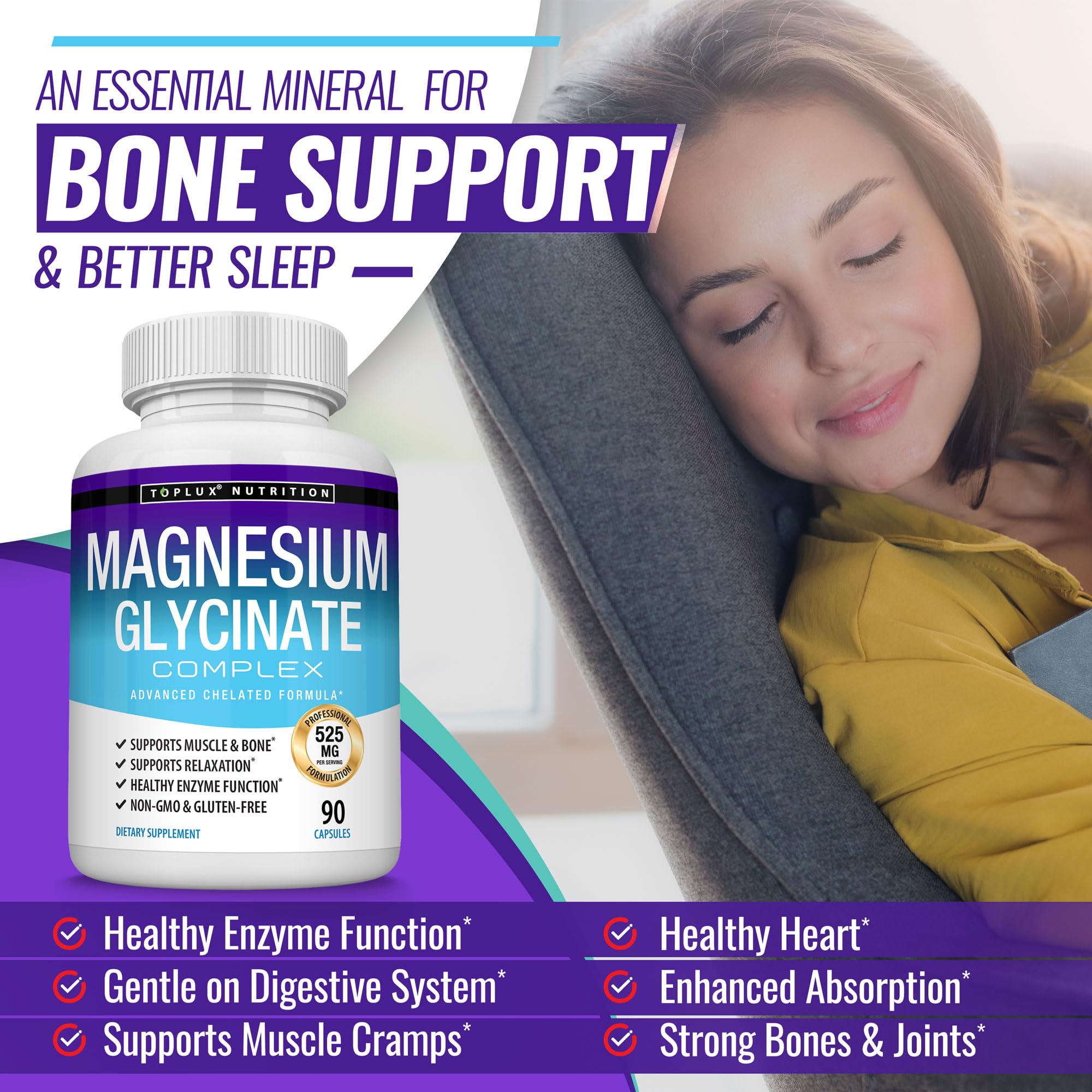 Magnesium Glycinate 525mg - High Absorption Chelated Magnesium Supplement Made with Pure Magnesium Glycinate - Supports Muscles, Sleep, Cramps, Recovery Bisglycinate - TrustMedUSA