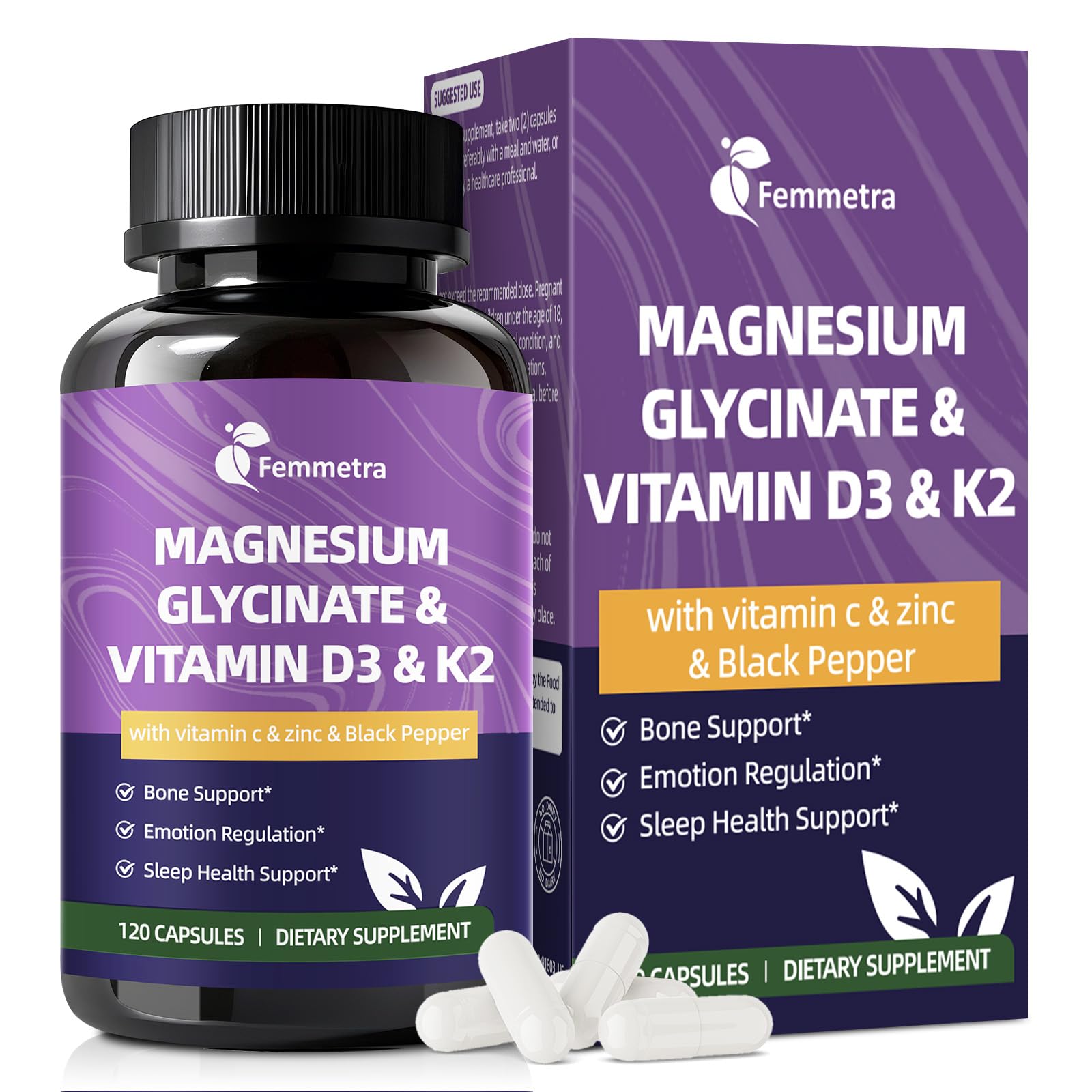 Magnesium Glycinate 600mg Vitamin D3 K2 Supplement with Vitamin C, Zinc, & Aloe Vera - Bone Support, Energy & Mood Manage & Sleep Health for Men & Women, Non-GMO, Vegan, 120 Capsules - TrustMedUSA