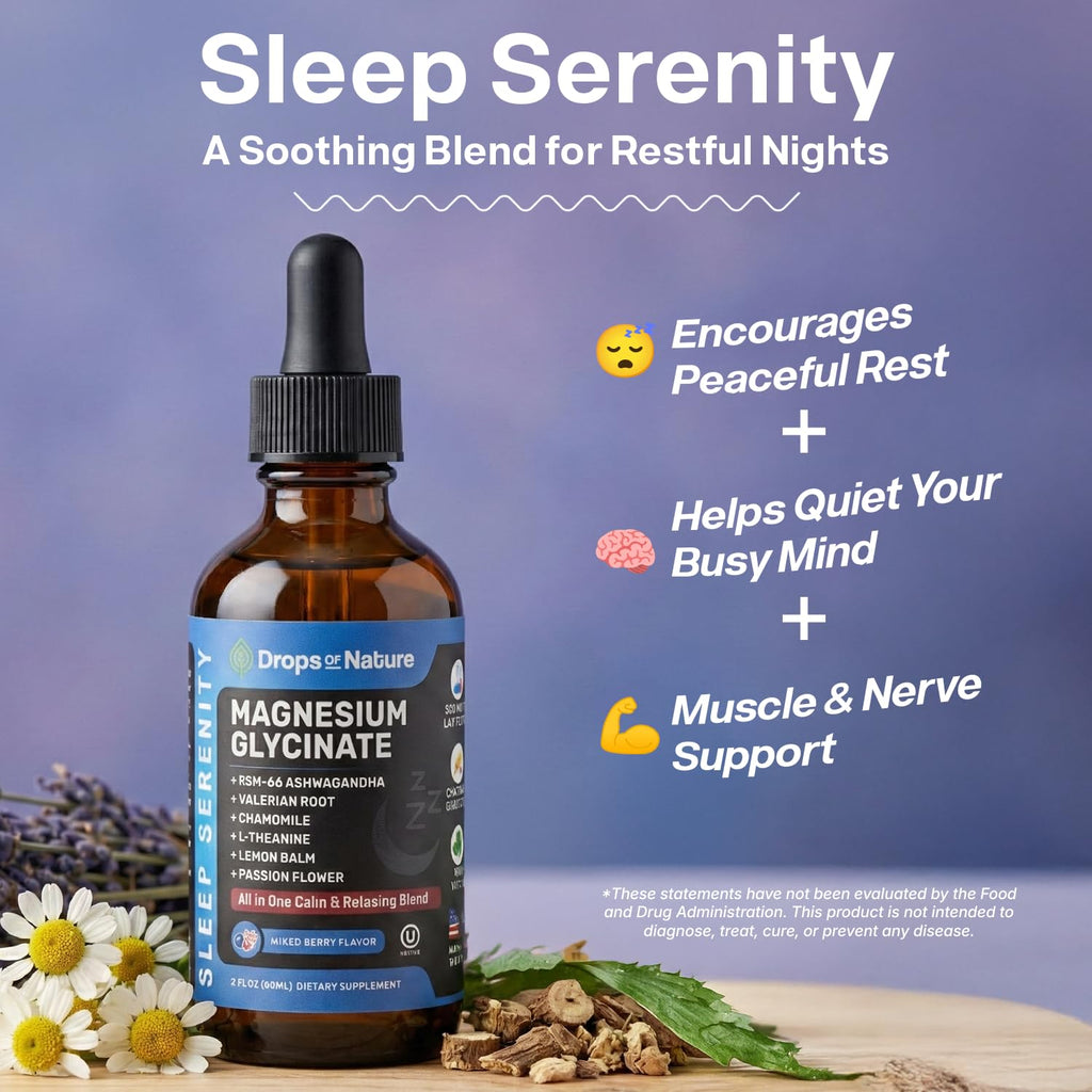 Magnesium Glycinate & Ashwagandha Liquid Drops with Valerian Root, Chamomile, Passion Flower, Lemon Balm & L-Theanine - Vegan Fast Absorption - Supplement for Wellness & Relaxation (Mixed Berry, 60mL) - TrustMedUSA