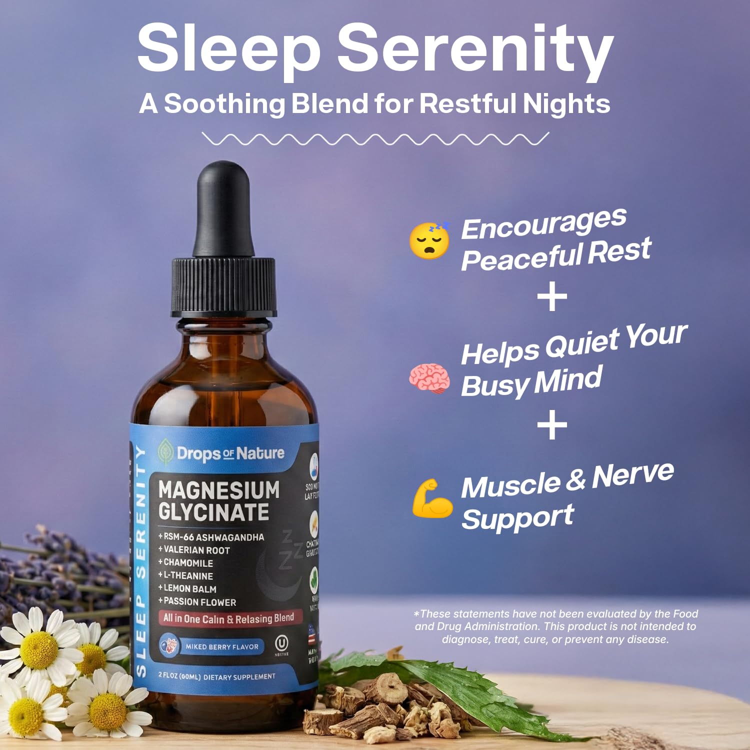Magnesium Glycinate & Ashwagandha Liquid Drops with Valerian Root, Chamomile, Passion Flower, Lemon Balm & L-Theanine - Vegan Fast Absorption - Supplement for Wellness & Relaxation (Mixed Berry, 60mL) - TrustMedUSA