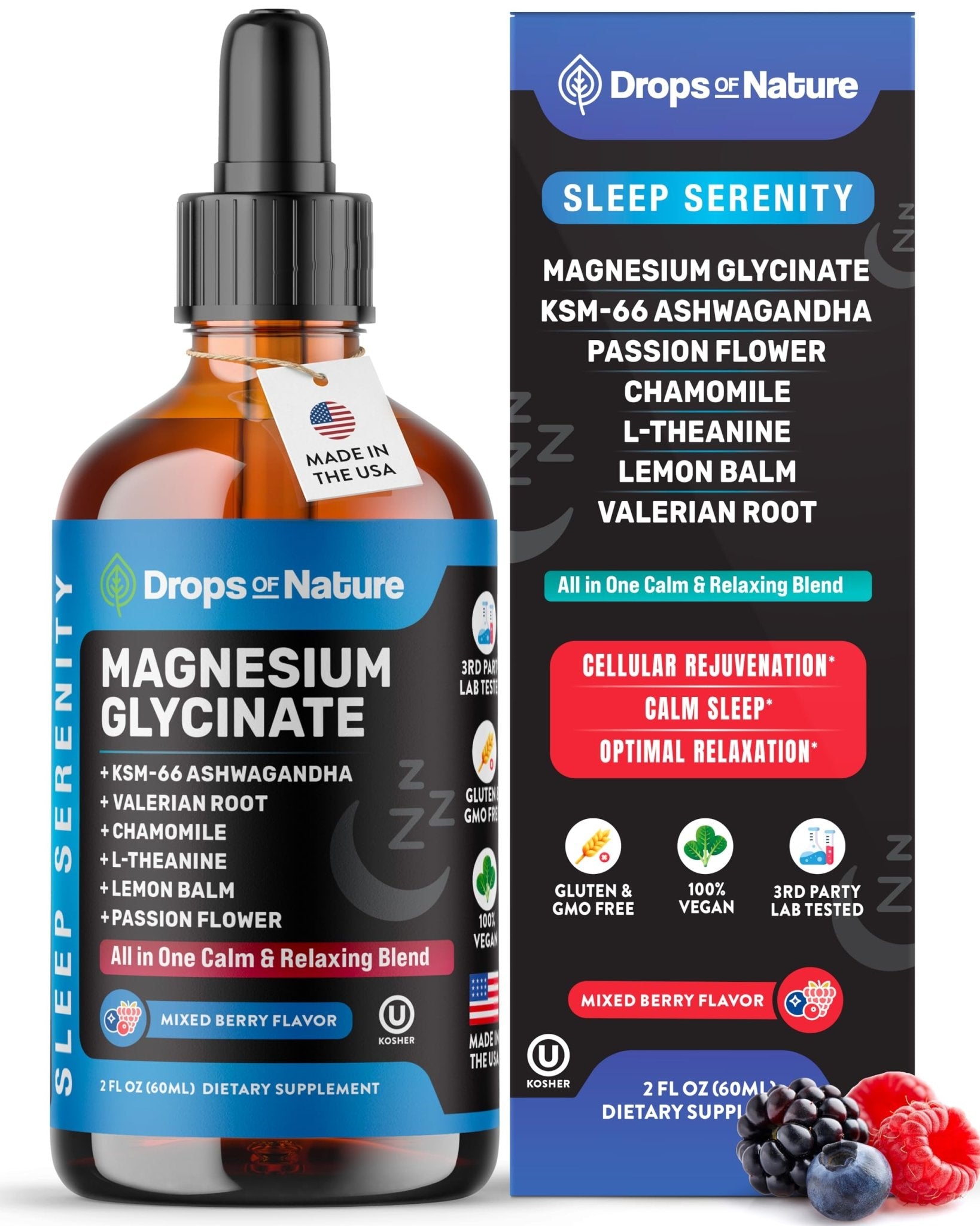 Magnesium Glycinate & Ashwagandha Liquid Drops with Valerian Root, Chamomile, Passion Flower, Lemon Balm & L-Theanine - Vegan Fast Absorption - Supplement for Wellness & Relaxation (Mixed Berry, 60mL) - TrustMedUSA