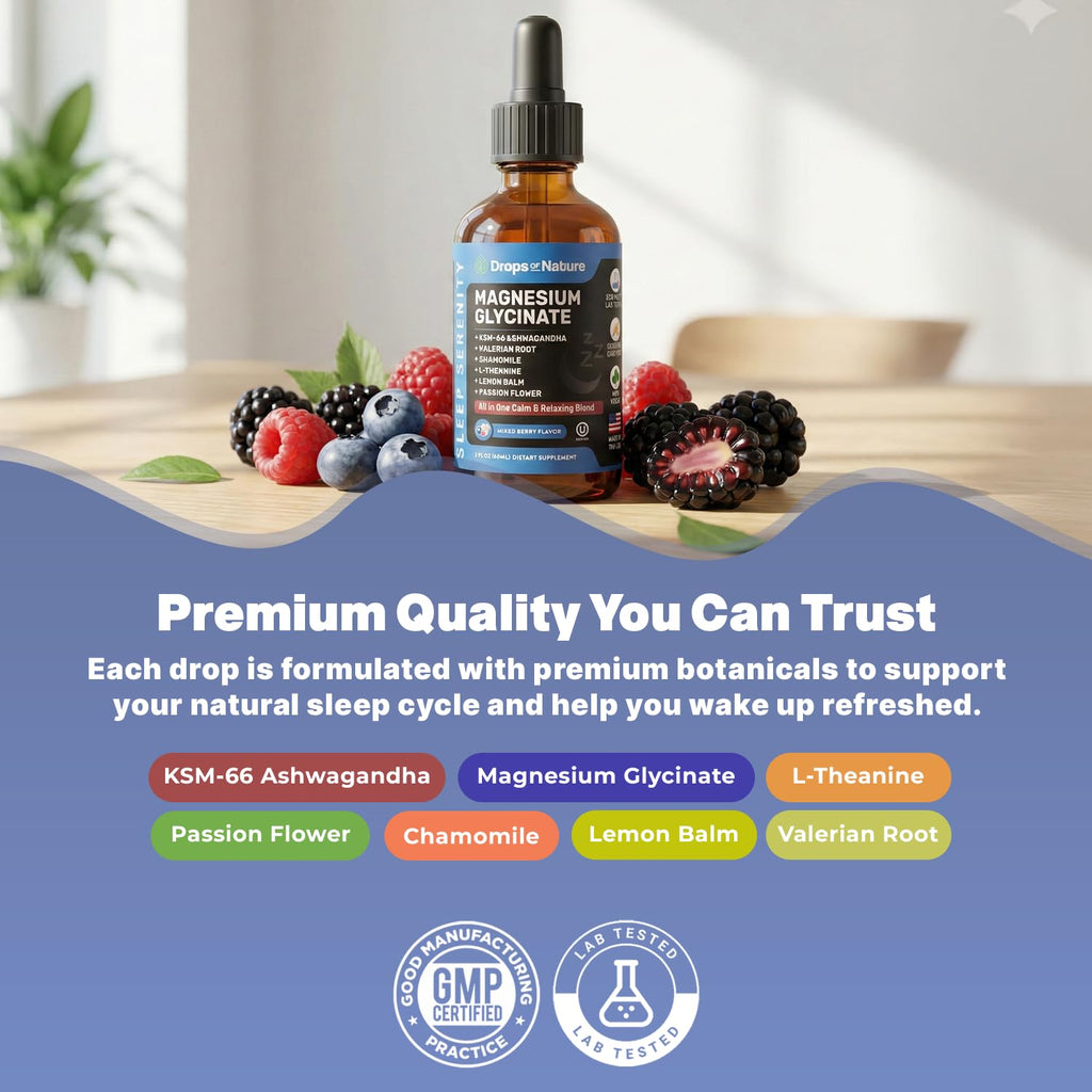 Magnesium Glycinate & Ashwagandha Liquid Drops with Valerian Root, Chamomile, Passion Flower, Lemon Balm & L-Theanine - Vegan Fast Absorption - Supplement for Wellness & Relaxation (Mixed Berry, 60mL) - TrustMedUSA