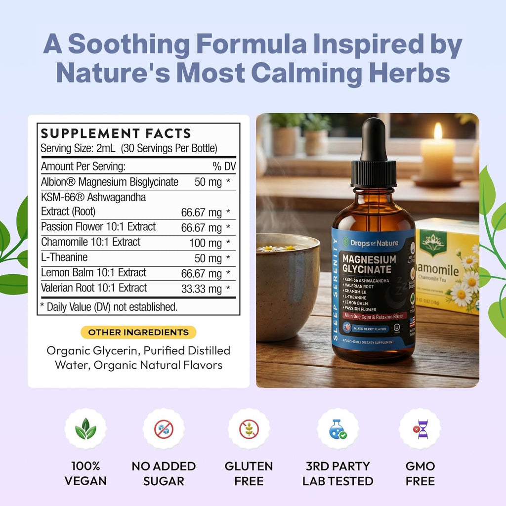 Magnesium Glycinate & Ashwagandha Liquid Drops with Valerian Root, Chamomile, Passion Flower, Lemon Balm & L-Theanine - Vegan Fast Absorption - Supplement for Wellness & Relaxation (Mixed Berry, 60mL) - TrustMedUSA