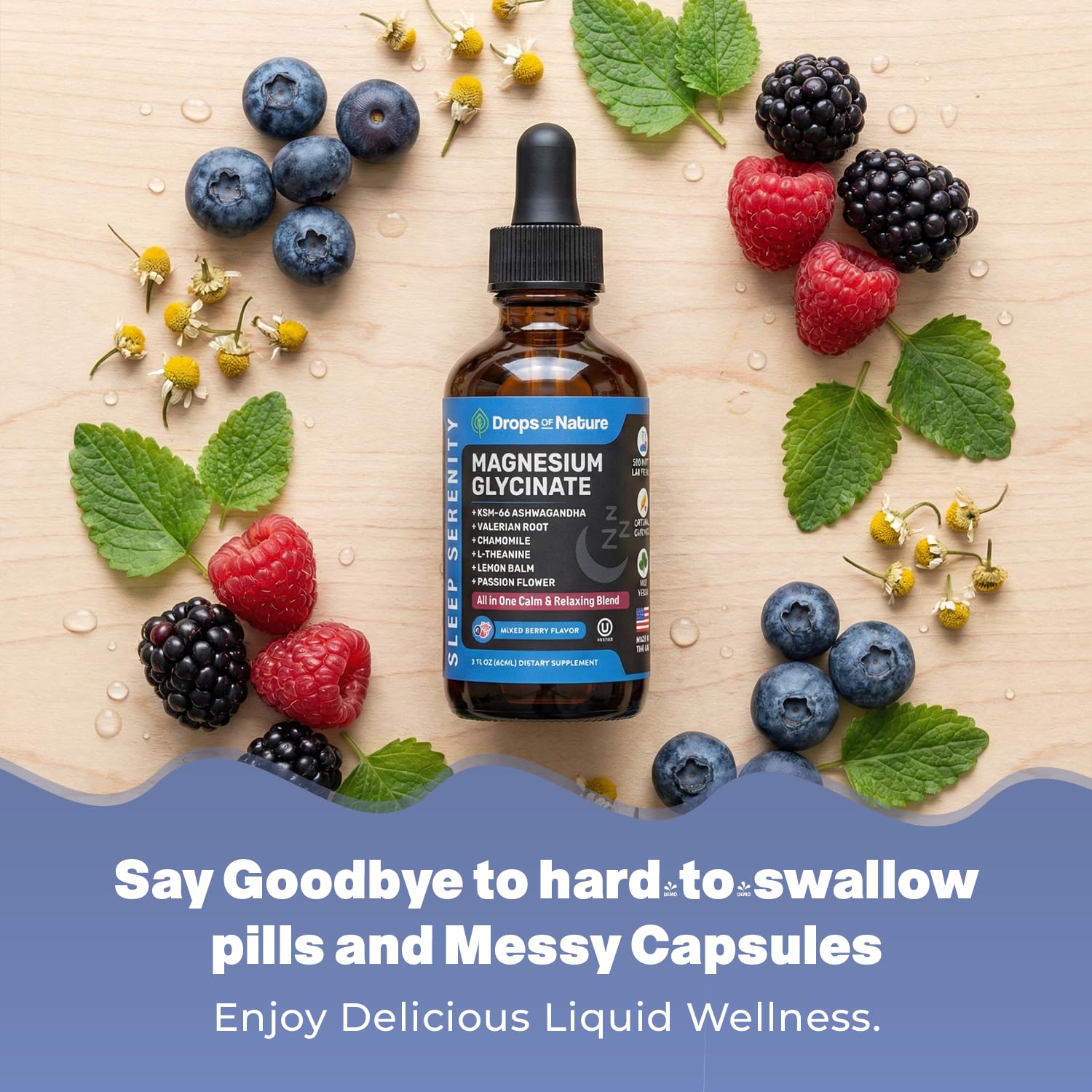 Magnesium Glycinate & Ashwagandha Liquid Drops with Valerian Root, Chamomile, Passion Flower, Lemon Balm & L-Theanine - Vegan Fast Absorption - Supplement for Wellness & Relaxation (Mixed Berry, 60mL) - TrustMedUSA