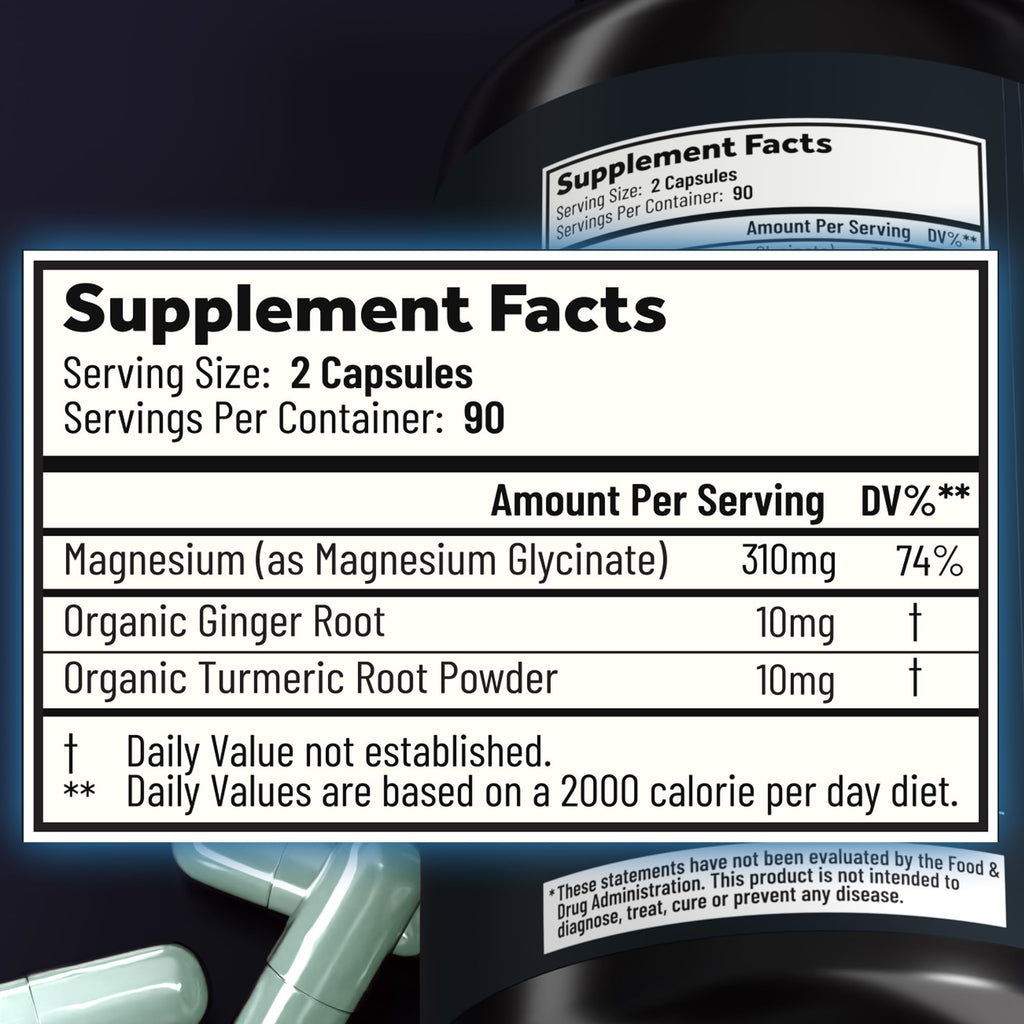 Magnesium Glycinate Capsules with Organic Turmeric and Ginger - 180 Vegan Capsules for Sleep, Relaxation, Muscle Cramps and Immune Support - TrustMedUSA