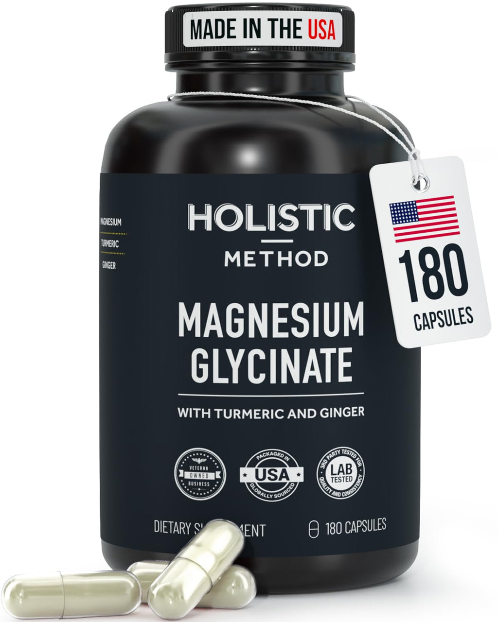 Magnesium Glycinate Capsules with Organic Turmeric and Ginger - 180 Vegan Capsules for Sleep, Relaxation, Muscle Cramps and Immune Support - TrustMedUSA