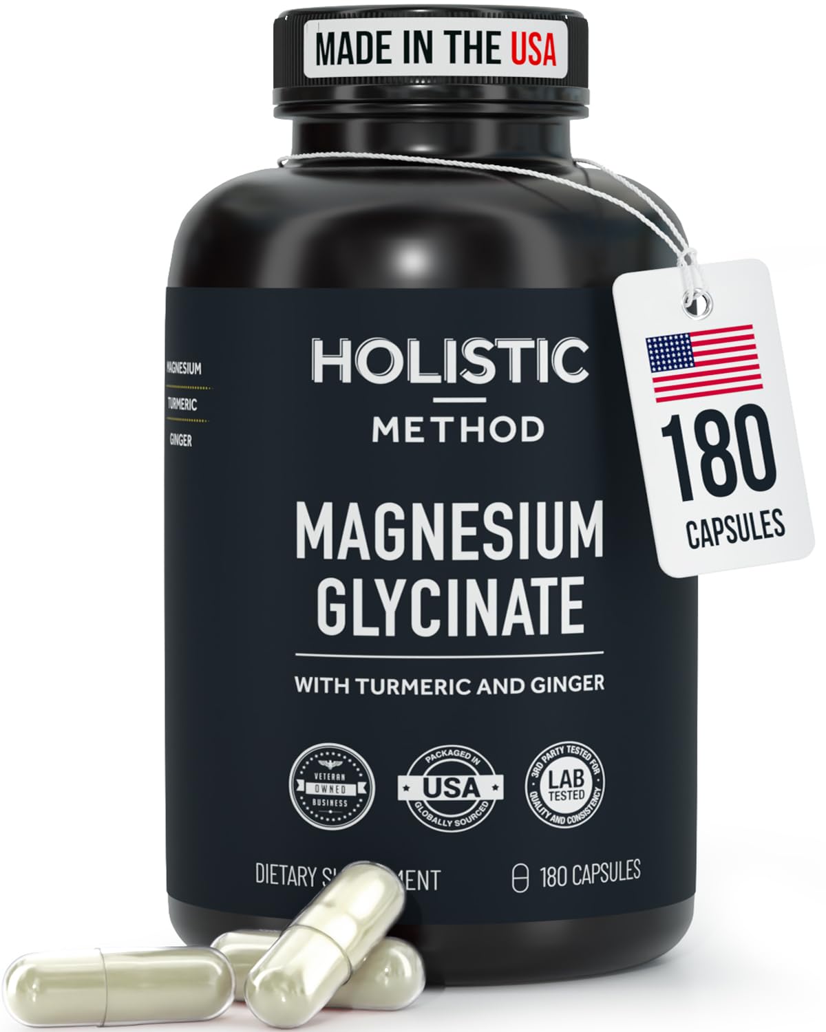 Magnesium Glycinate Capsules with Organic Turmeric and Ginger - 180 Vegan Capsules for Sleep, Relaxation, Muscle Cramps and Immune Support - TrustMedUSA