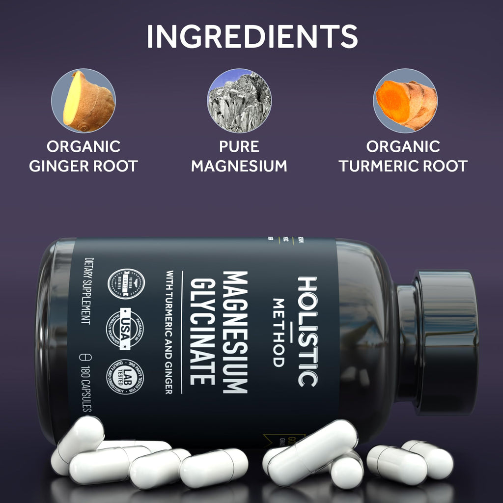 Magnesium Glycinate Capsules with Organic Turmeric and Ginger - 180 Vegan Capsules for Sleep, Relaxation, Muscle Cramps and Immune Support - TrustMedUSA