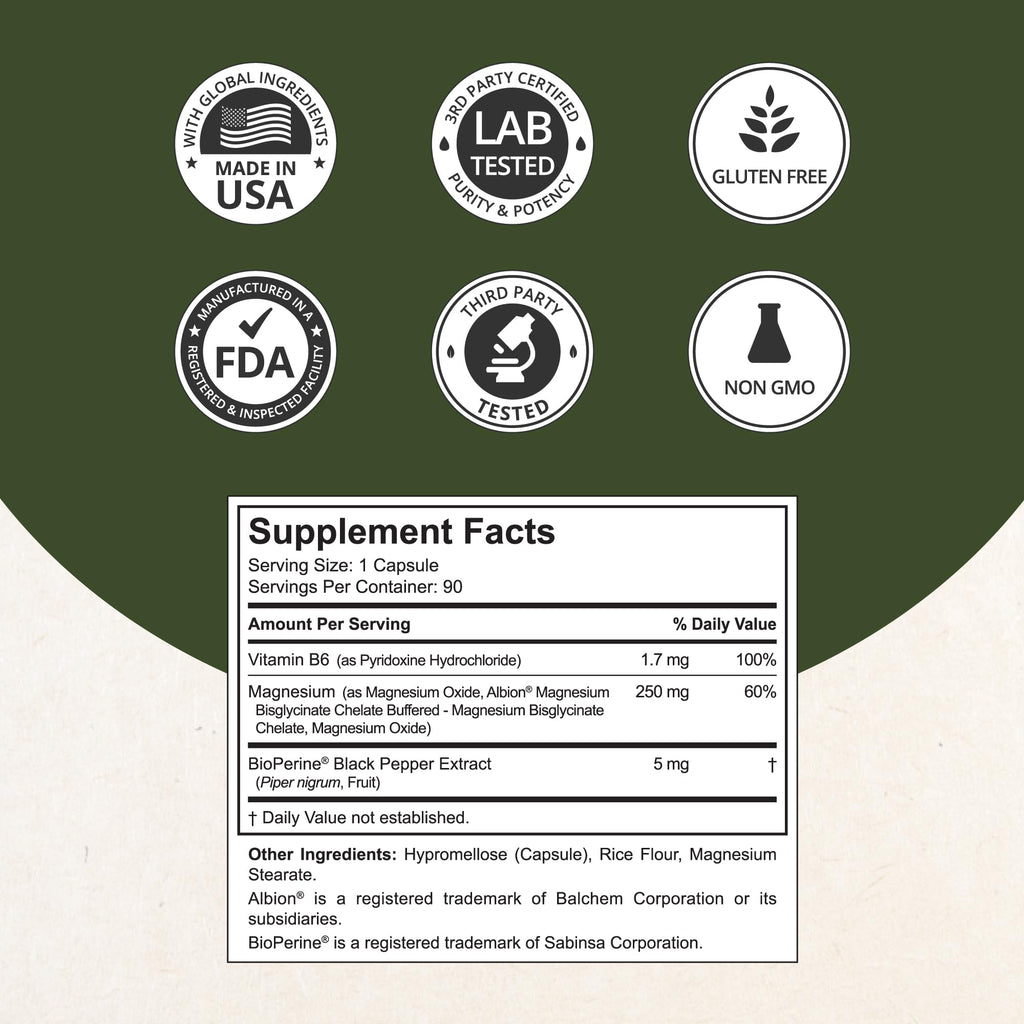Magnesium Glycinate Chelate Complex with Albion Magnesium Bisglycinate Chelate, Vitamin B6 & BioPerine for Bone, Muscle, Natural Sleep, - TrustMedUSA