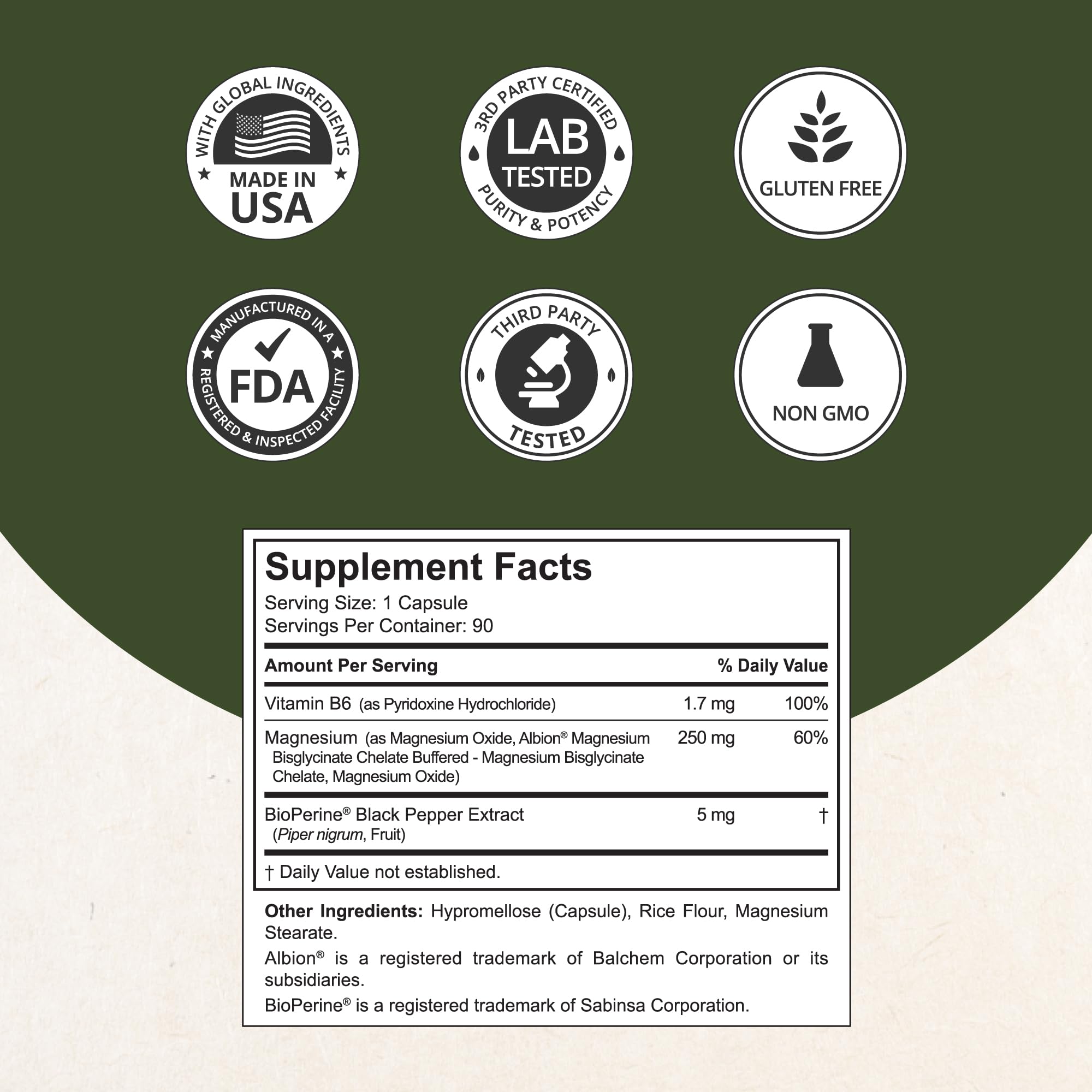 Magnesium Glycinate Chelate Complex with Albion Magnesium Bisglycinate Chelate, Vitamin B6 & BioPerine for Bone, Muscle, Natural Sleep, - TrustMedUSA