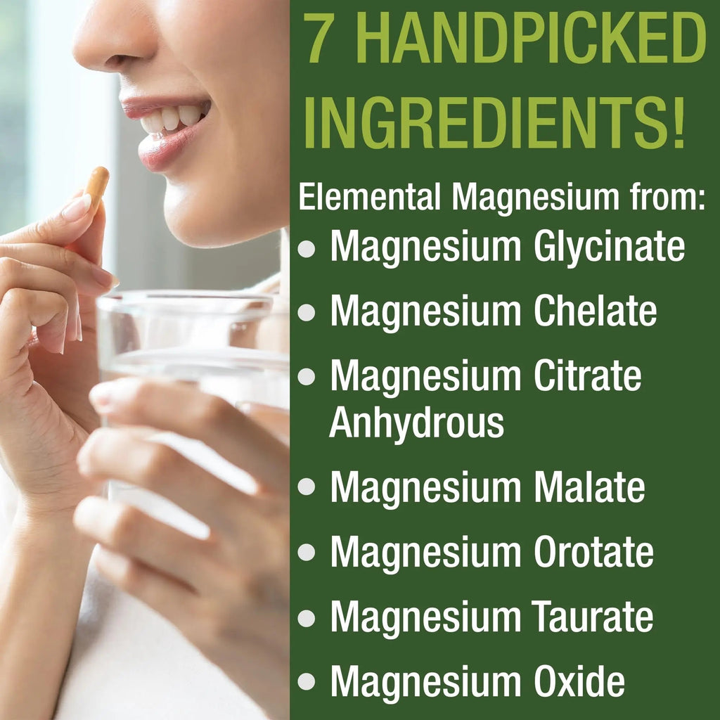 Magnesium Glycinate + Citrate + Malate + Chelate + Orotate + Taurate + Oxide. 7 Forms of Magnesium Complex. 500mg Supplement Capsules for Women & Men. 2 Pills for Sleep, Leg Cramps, Muscles - TrustMedUSA