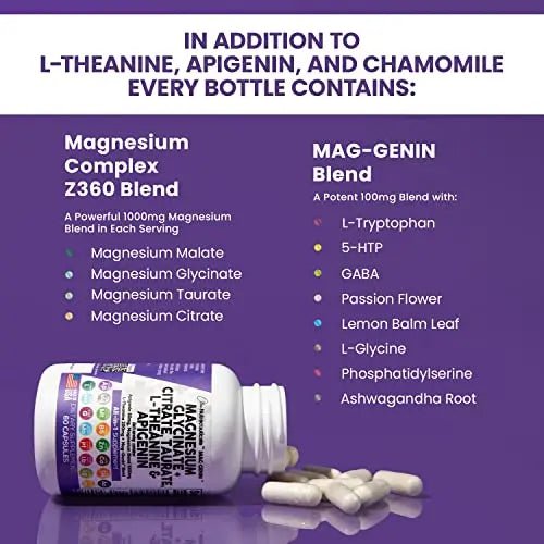 Magnesium Glycinate Complex 1000mg with L-Theanine 200mg Apigenin 50mg Citrate Taurate Supplement - 5-HTP GABA Passion Flower Lemon Balm L-Glycine Phosphatidylserine Ashwagandha - USA Made Clean Nutra - TrustMedUSA