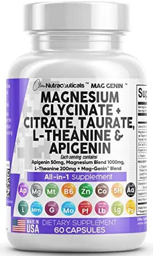 Magnesium Glycinate Complex 1000mg with L-Theanine 200mg Apigenin 50mg Citrate Taurate Supplement - 5-HTP GABA Passion Flower Lemon Balm L-Glycine Phosphatidylserine Ashwagandha - USA Made Clean Nutra - TrustMedUSA
