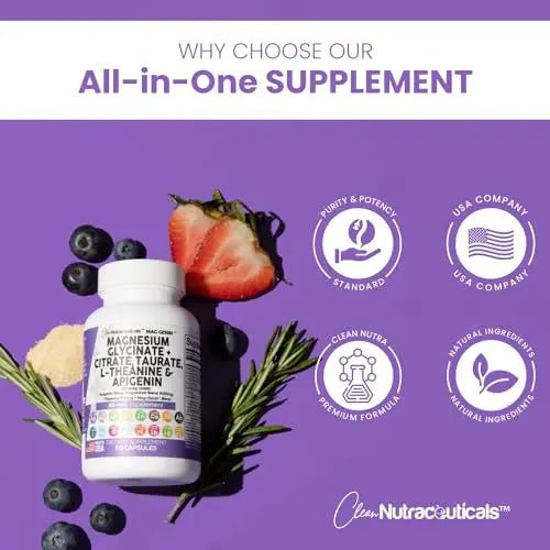 Magnesium Glycinate Complex 1000mg with L-Theanine 200mg Apigenin 50mg Citrate Taurate Supplement - 5-HTP GABA Passion Flower Lemon Balm L-Glycine Phosphatidylserine Ashwagandha - USA Made Clean Nutra - TrustMedUSA