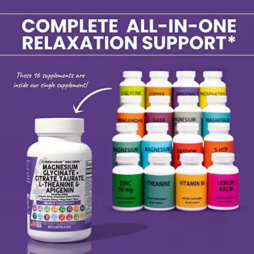 Magnesium Glycinate Complex 1000mg with L-Theanine 200mg Apigenin 50mg Citrate Taurate Supplement - 5-HTP GABA Passion Flower Lemon Balm L-Glycine Phosphatidylserine Ashwagandha - USA Made Clean Nutra - TrustMedUSA