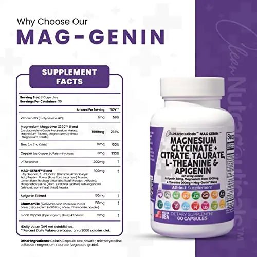 Magnesium Glycinate Complex 1000mg with L-Theanine 200mg Apigenin 50mg Citrate Taurate Supplement - 5-HTP GABA Passion Flower Lemon Balm L-Glycine Phosphatidylserine Ashwagandha - USA Made Clean Nutra - TrustMedUSA