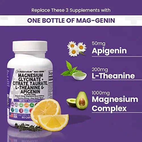 Magnesium Glycinate Complex 1000mg with L-Theanine 200mg Apigenin 50mg Citrate Taurate Supplement - 5-HTP GABA Passion Flower Lemon Balm L-Glycine Phosphatidylserine Ashwagandha - USA Made Clean Nutra - TrustMedUSA