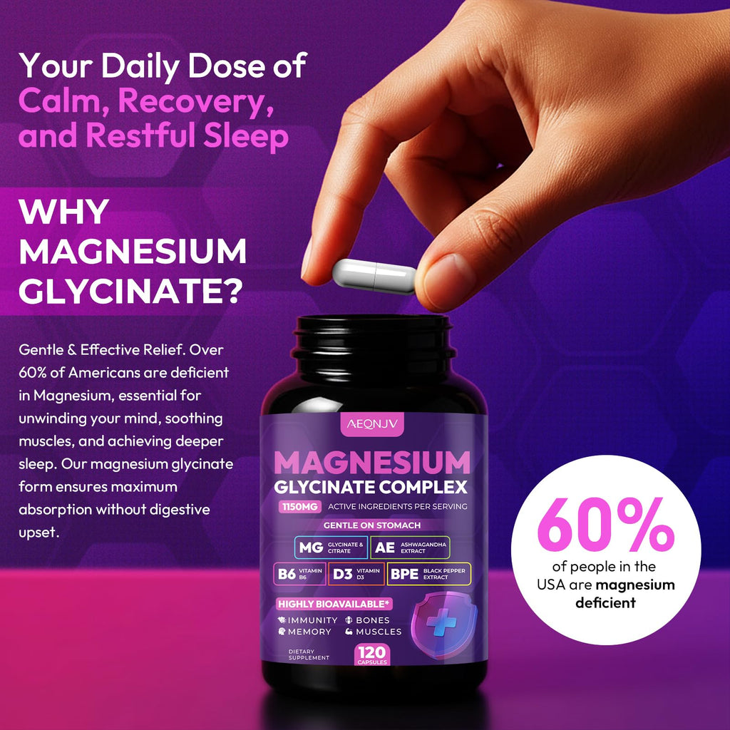 Magnesium Glycinate Complex 1150mg - Gentle on Stomach High Absorption Magnesium Capsules with Citrate, Silica, Ashwagandha & Vitamin B6 for Zzz, Stress Relief, Muscle Support for Adults, Women & Men - TrustMedUSA
