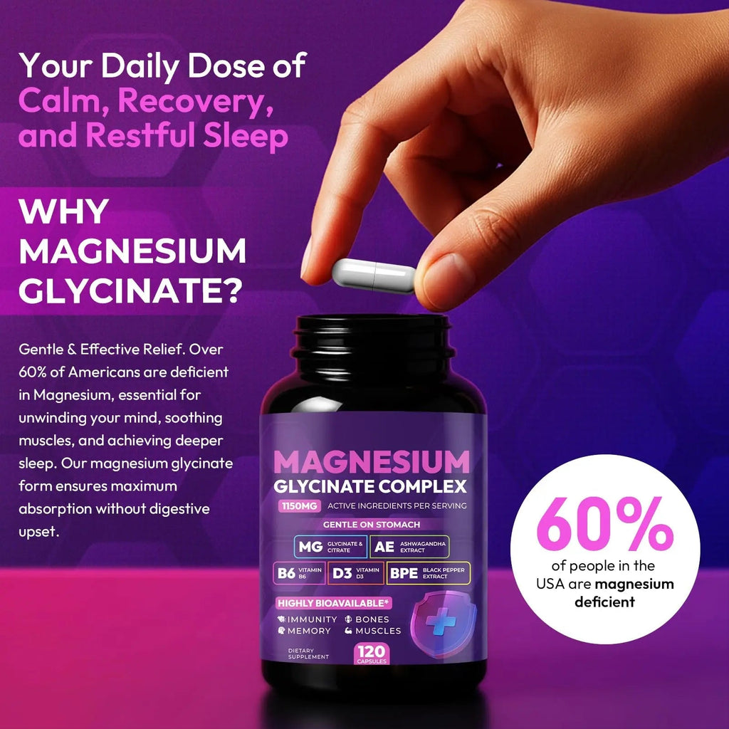 Magnesium Glycinate Complex 1150mg - Gentle on Stomach High Absorption Magnesium Capsules with Citrate, Silica, Ashwagandha & Vitamin B6 for Zzz, Stress Relief, Muscle Support for Adults, Women & Men - TrustMedUSA