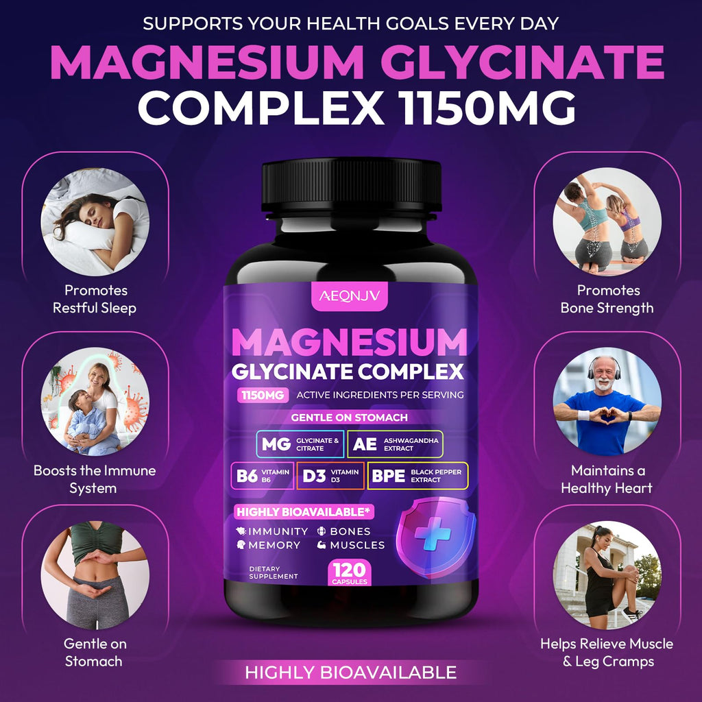 Magnesium Glycinate Complex 1150mg - Gentle on Stomach High Absorption Magnesium Capsules with Citrate, Silica, Ashwagandha & Vitamin B6 for Zzz, Stress Relief, Muscle Support for Adults, Women & Men - TrustMedUSA