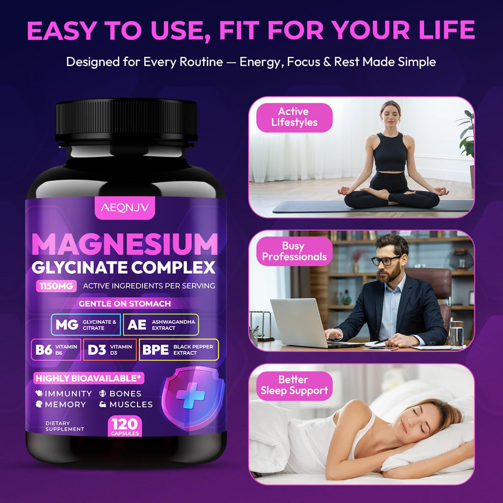 Magnesium Glycinate Complex 1150mg - Gentle on Stomach High Absorption Magnesium Capsules with Citrate, Silica, Ashwagandha & Vitamin B6 for Zzz, Stress Relief, Muscle Support for Adults, Women & Men - TrustMedUSA