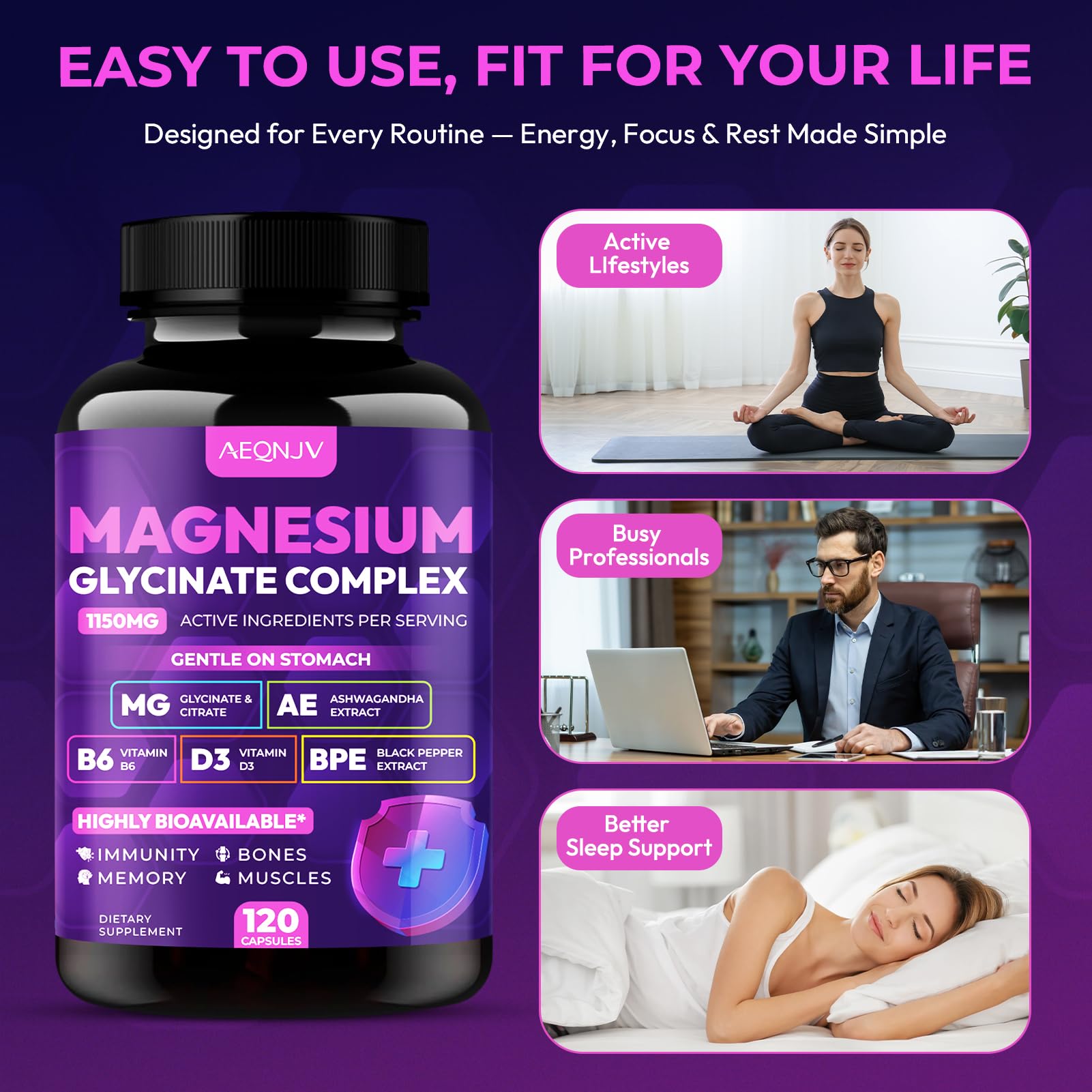 Magnesium Glycinate Complex 1150mg - Gentle on Stomach High Absorption Magnesium Capsules with Citrate, Silica, Ashwagandha & Vitamin B6 for Zzz, Stress Relief, Muscle Support for Adults, Women & Men - TrustMedUSA
