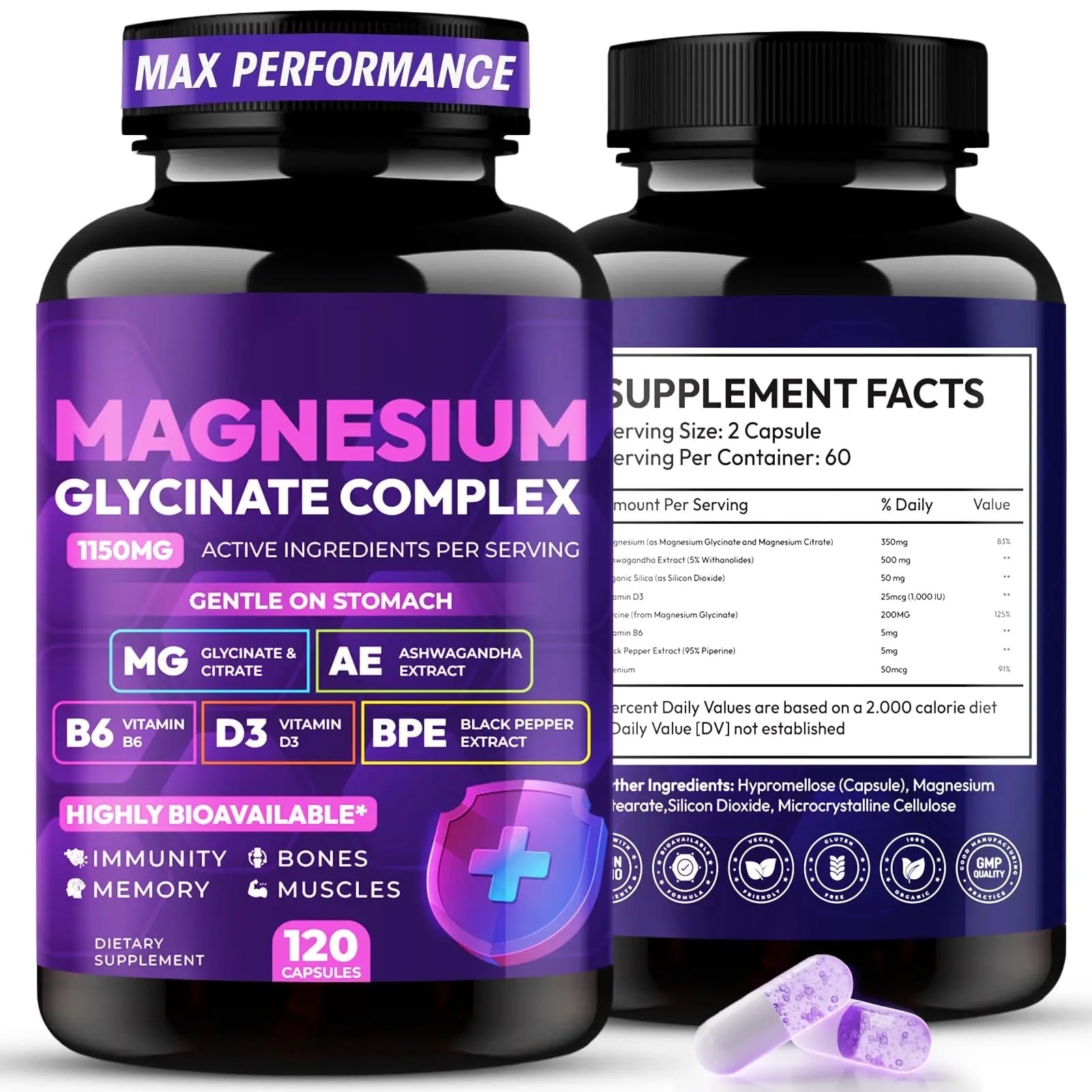 Magnesium Glycinate Complex 1150mg - Gentle on Stomach High Absorption Magnesium Capsules with Citrate, Silica, Ashwagandha & Vitamin B6 for Zzz, Stress Relief, Muscle Support for Adults, Women & Men - TrustMedUSA
